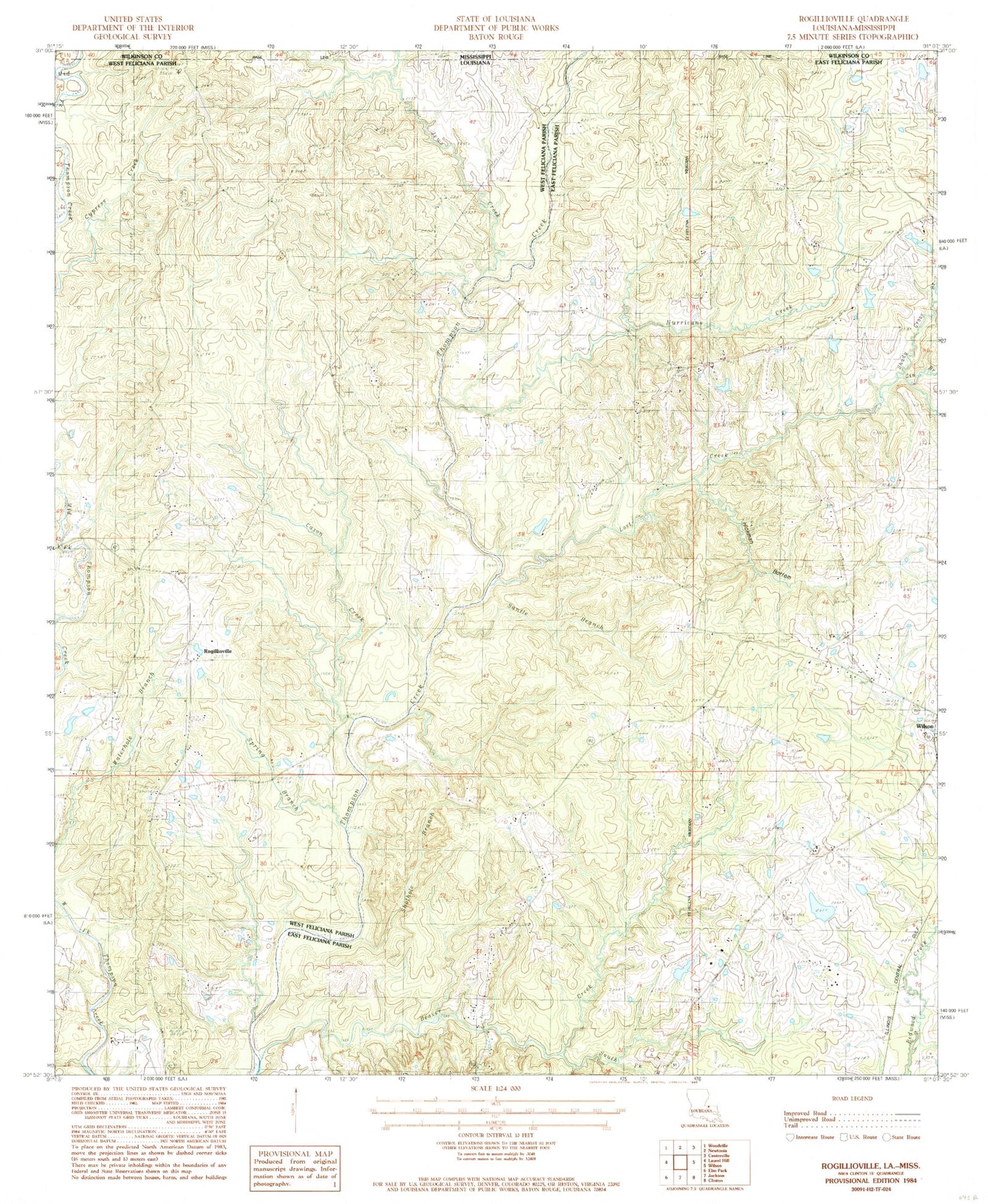 Classic USGS Rogillioville Louisiana 7.5'x7.5' Topo Map Image
