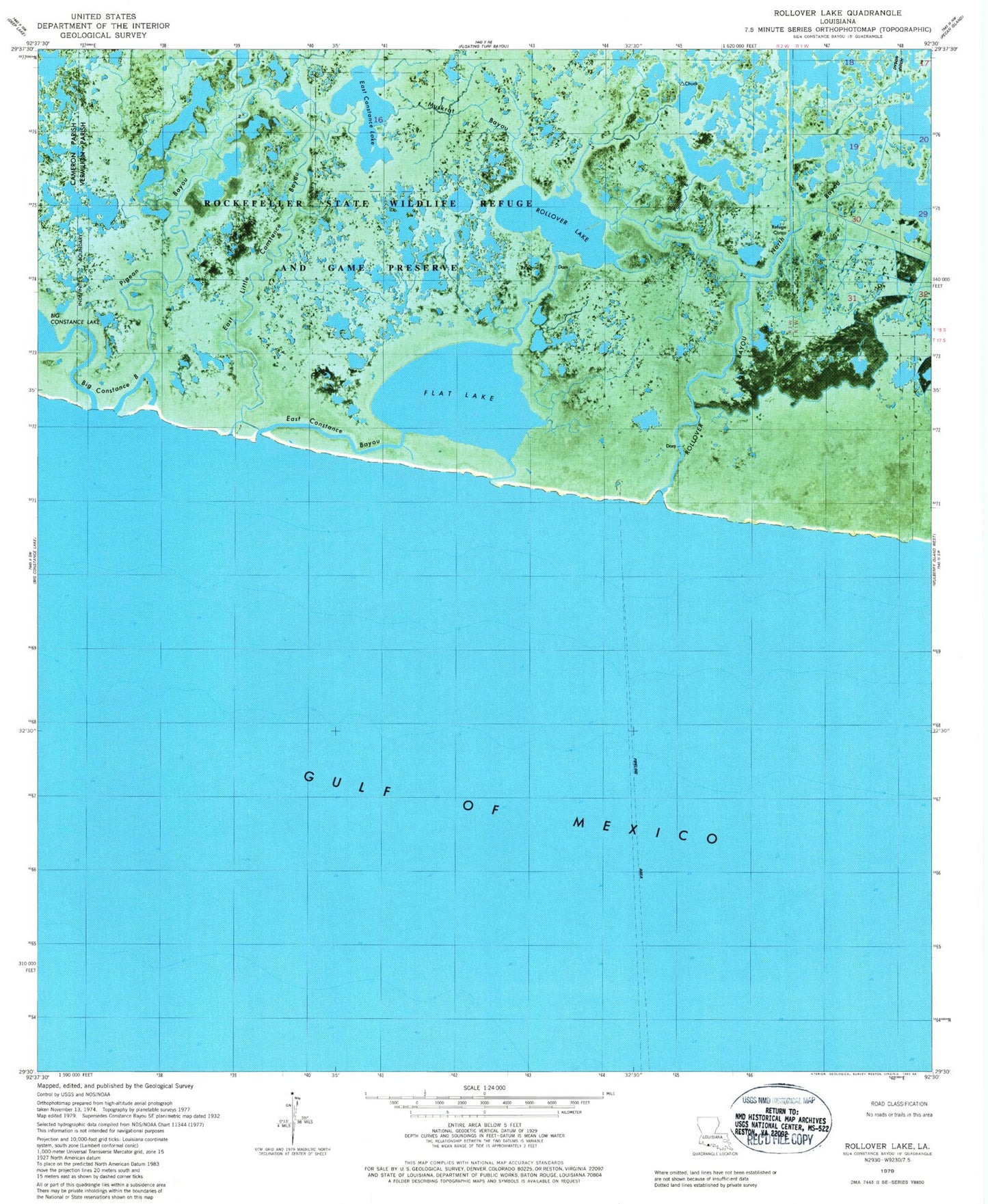 Classic USGS Rollover Lake Louisiana 7.5'x7.5' Topo Map Image