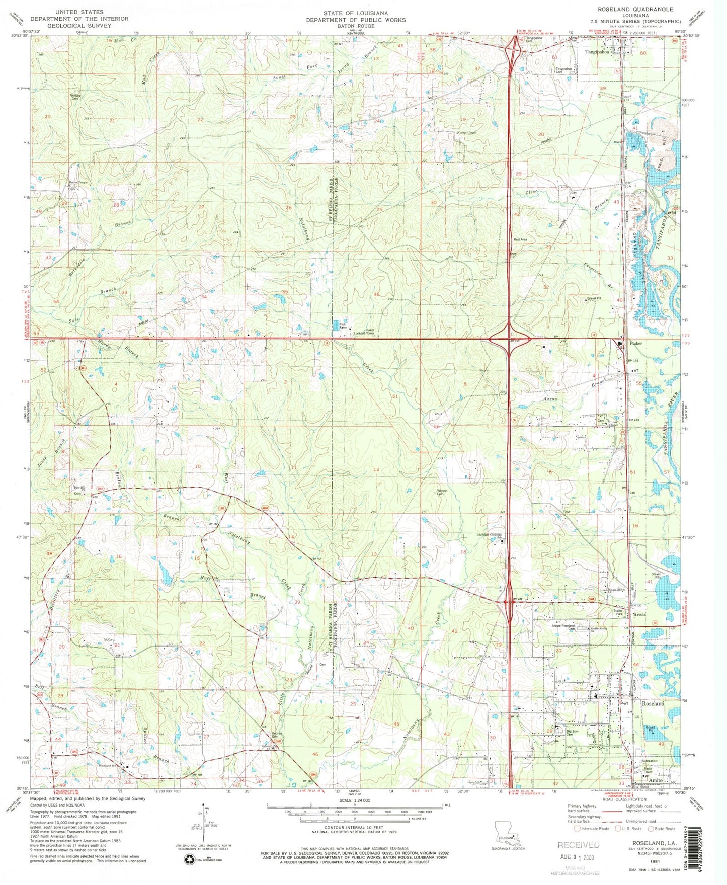 Classic USGS Roseland Louisiana 7.5'x7.5' Topo Map Image