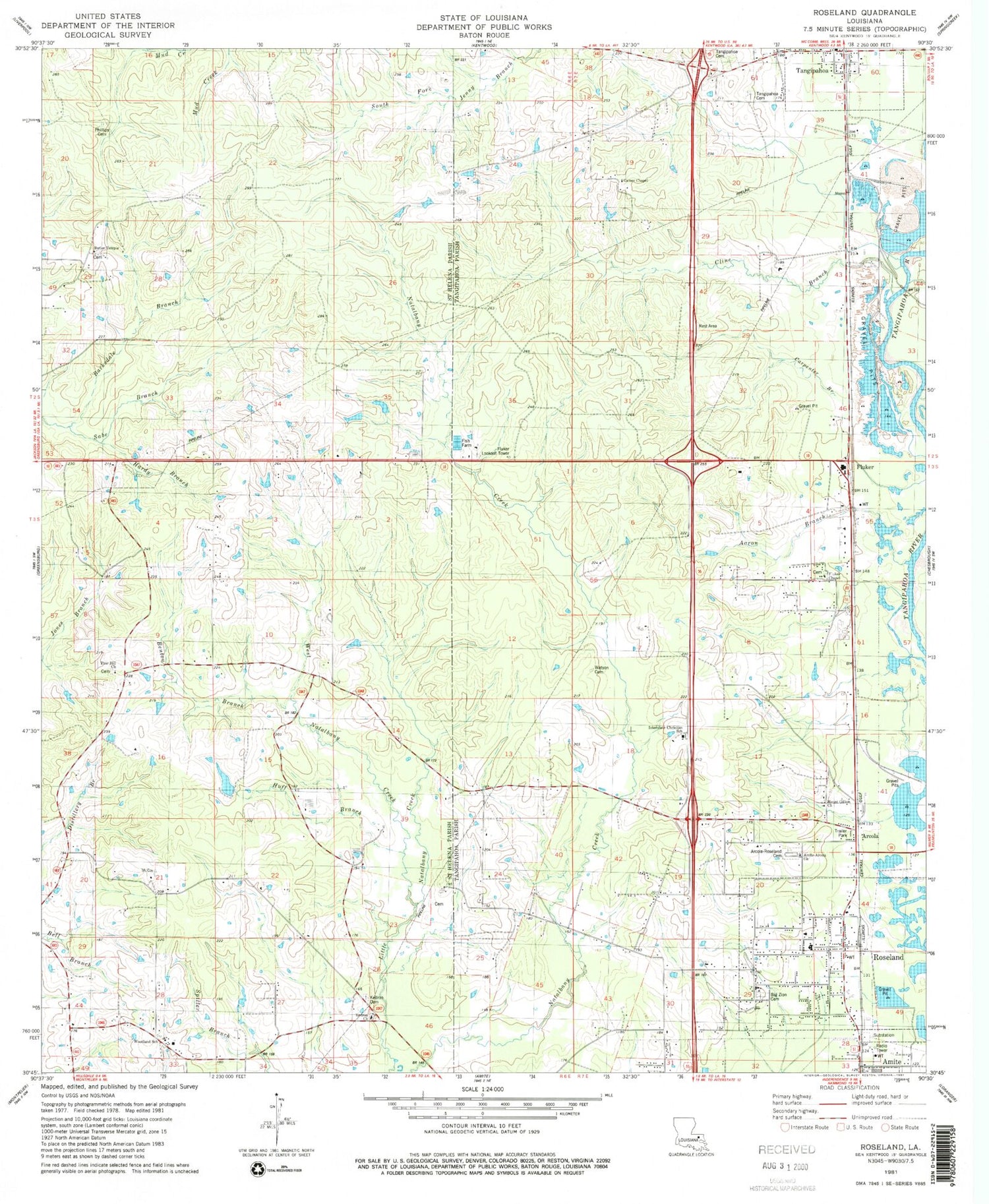 Classic USGS Roseland Louisiana 7.5'x7.5' Topo Map Image