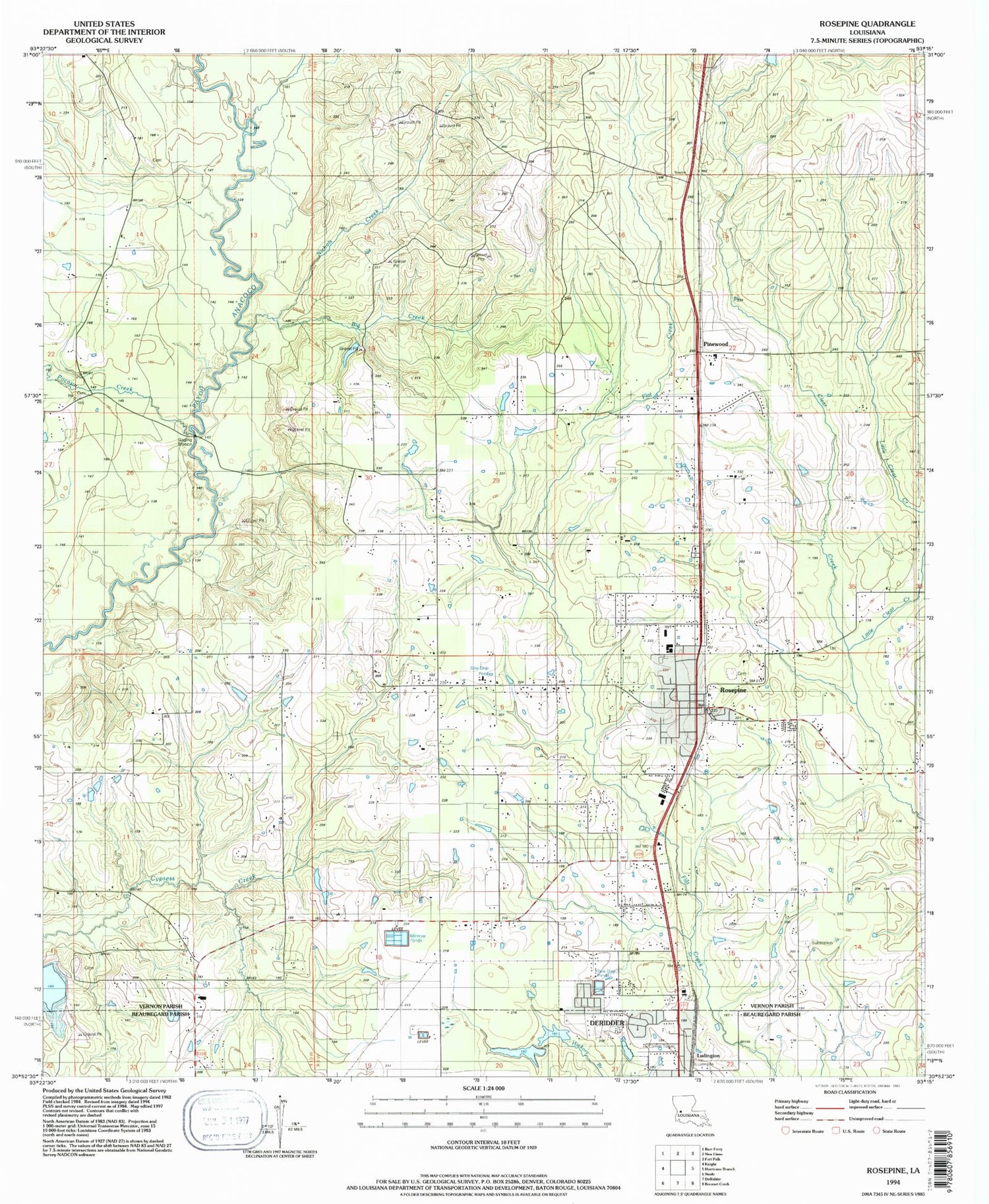 Classic USGS Rosepine Louisiana 7.5'x7.5' Topo Map Image