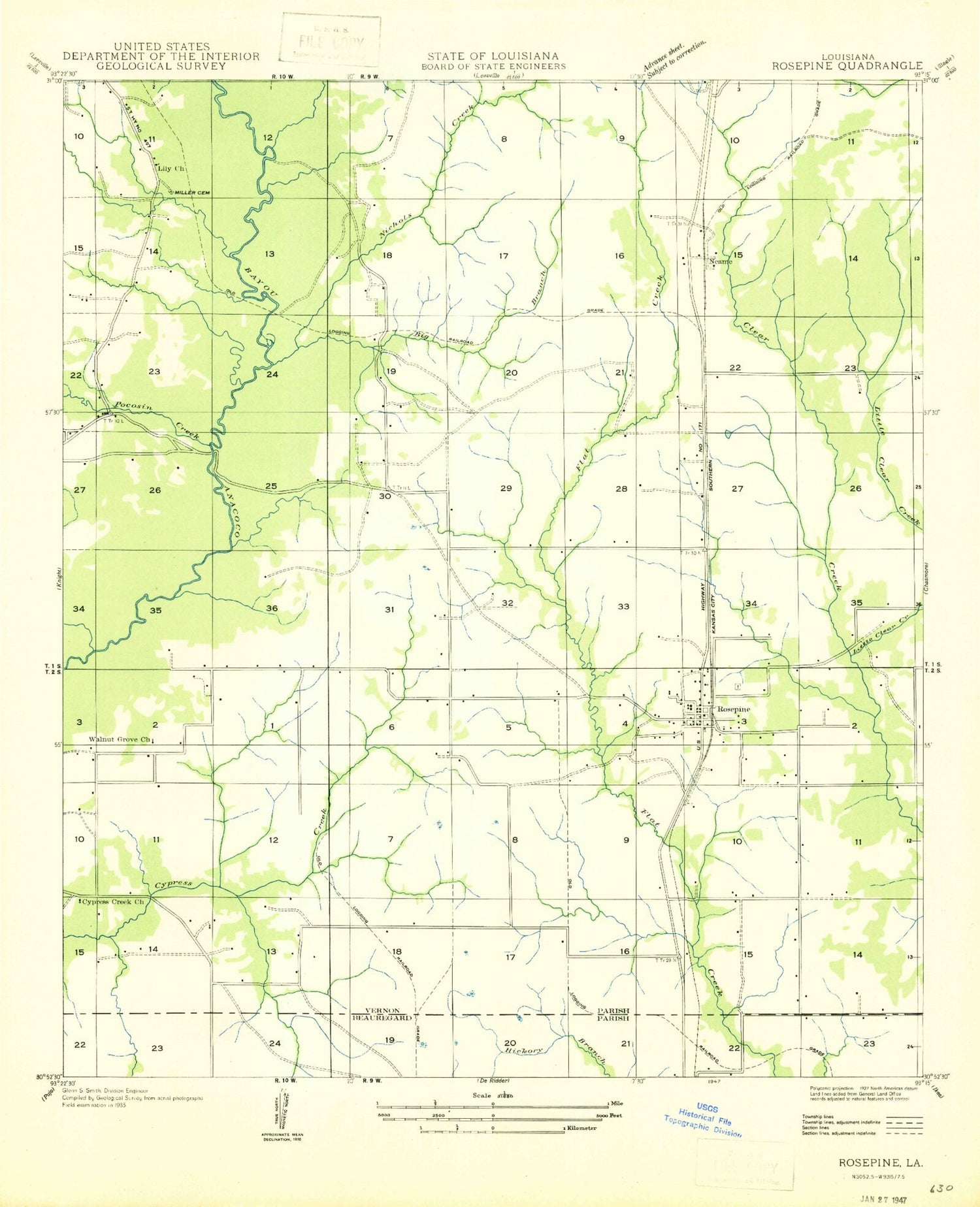 Classic USGS Rosepine Louisiana 7.5'x7.5' Topo Map Image
