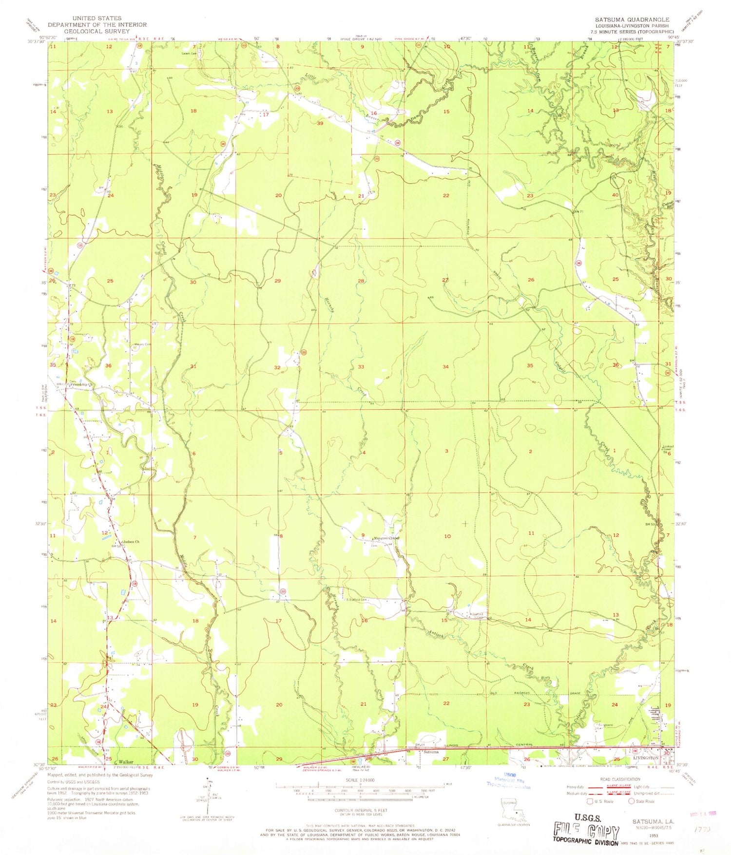 Classic USGS Satsuma Louisiana 7.5'x7.5' Topo Map Image