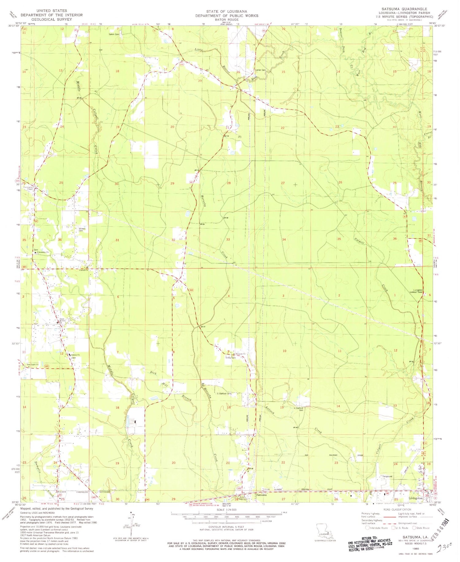 Classic USGS Satsuma Louisiana 7.5'x7.5' Topo Map Image