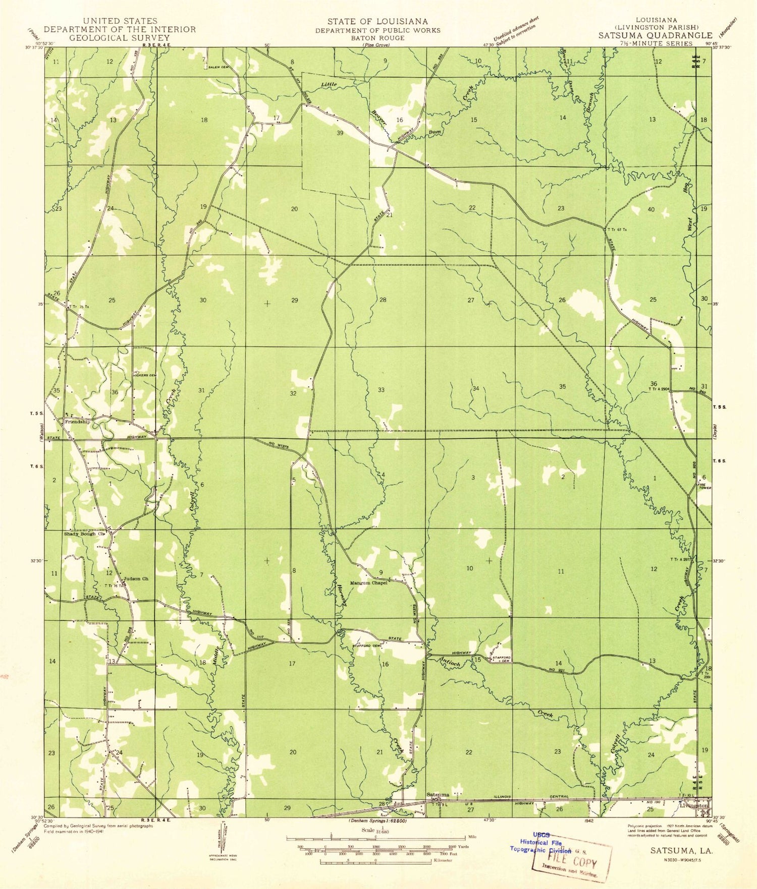 Classic USGS Satsuma Louisiana 7.5'x7.5' Topo Map Image