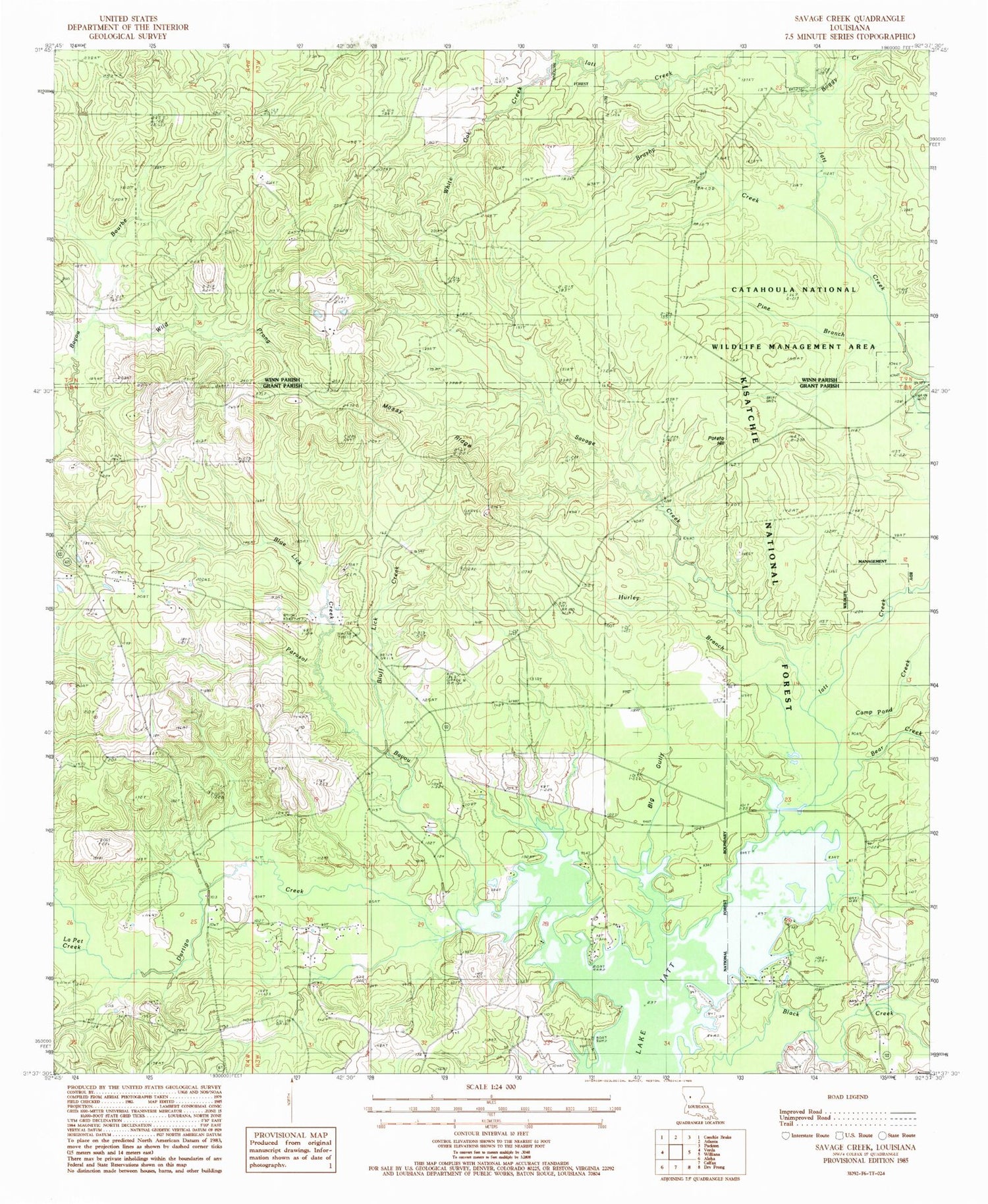 Classic USGS Savage Creek Louisiana 7.5'x7.5' Topo Map Image