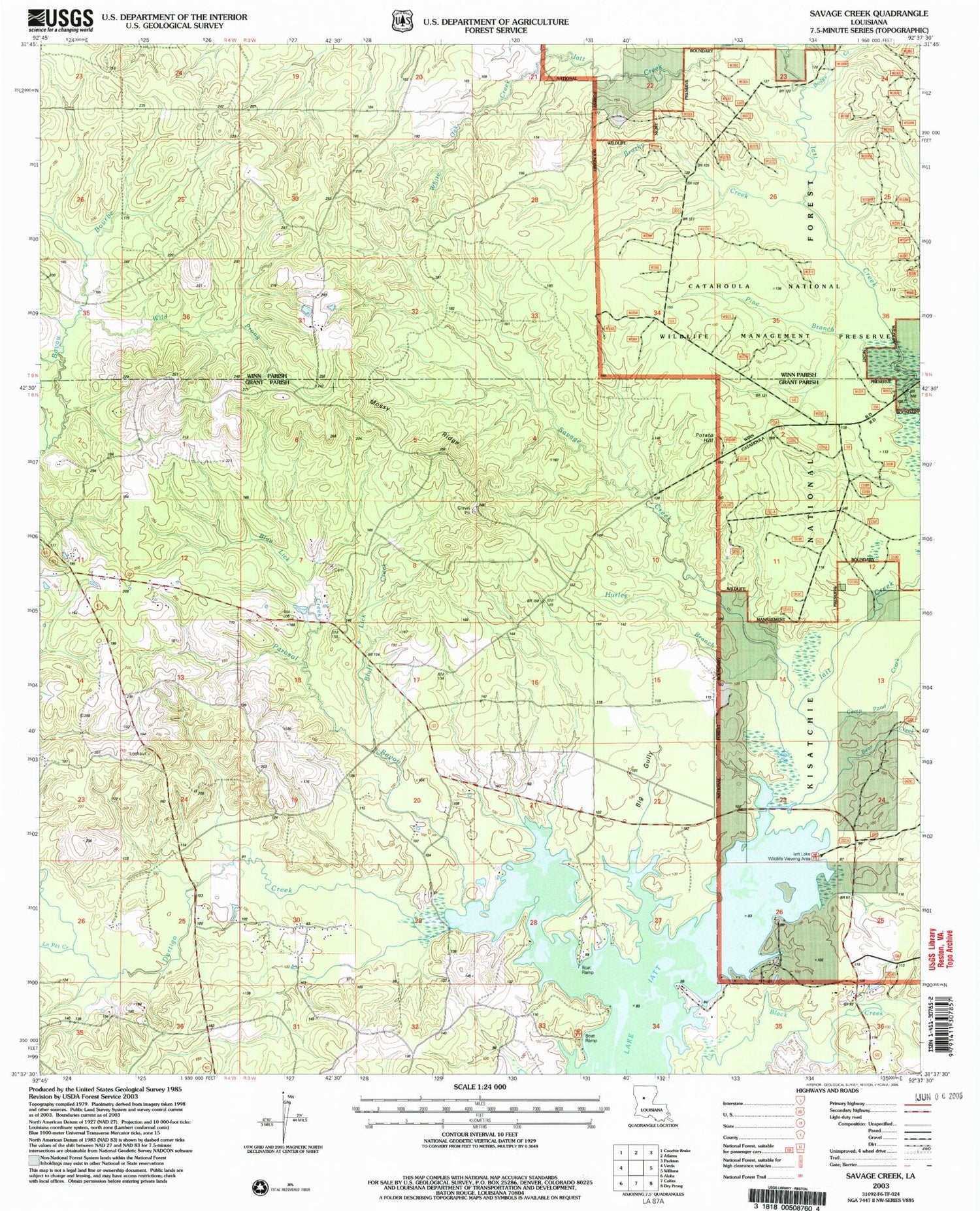 Classic USGS Savage Creek Louisiana 7.5'x7.5' Topo Map Image