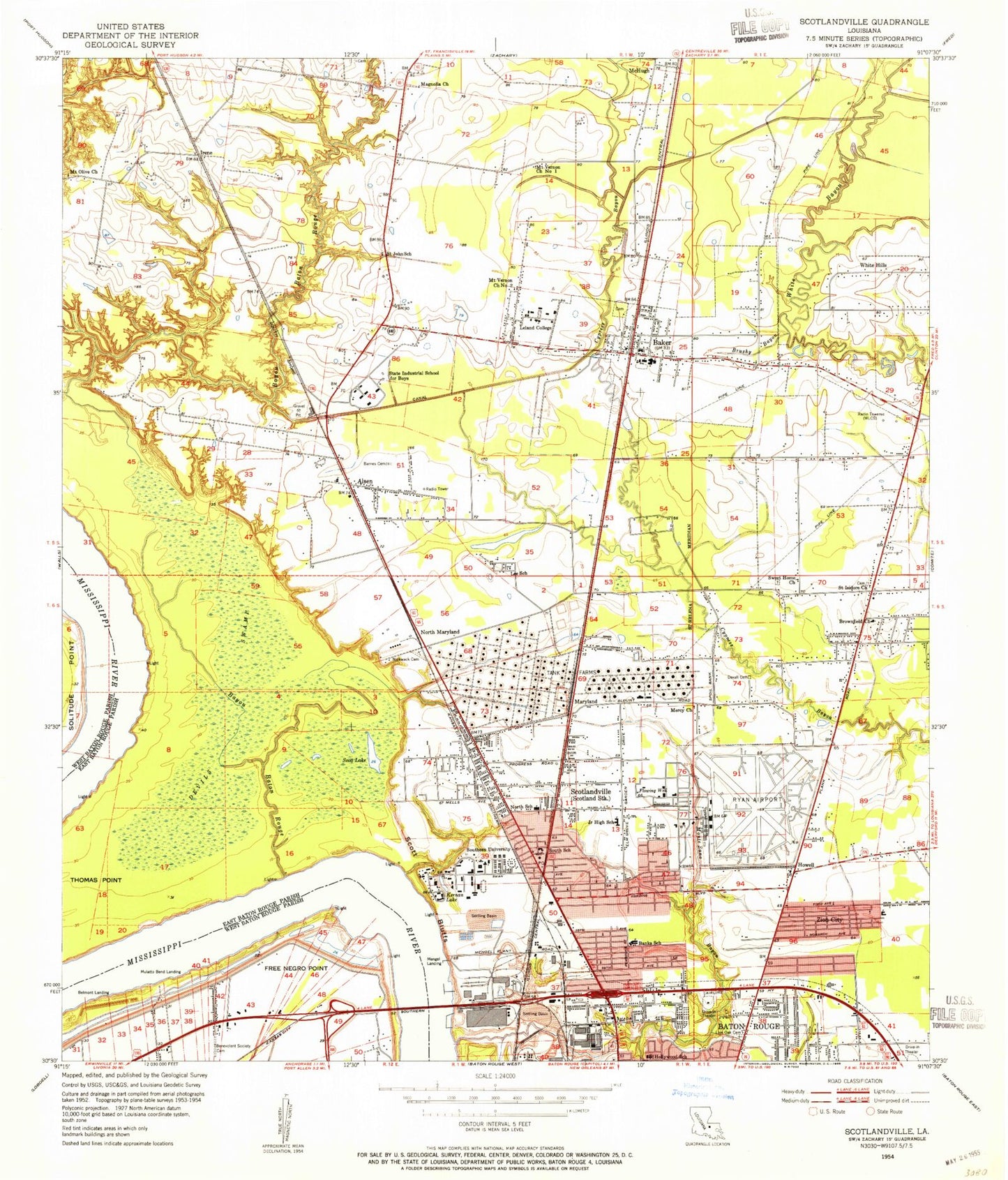 Classic USGS Scotlandville Louisiana 7.5'x7.5' Topo Map Image