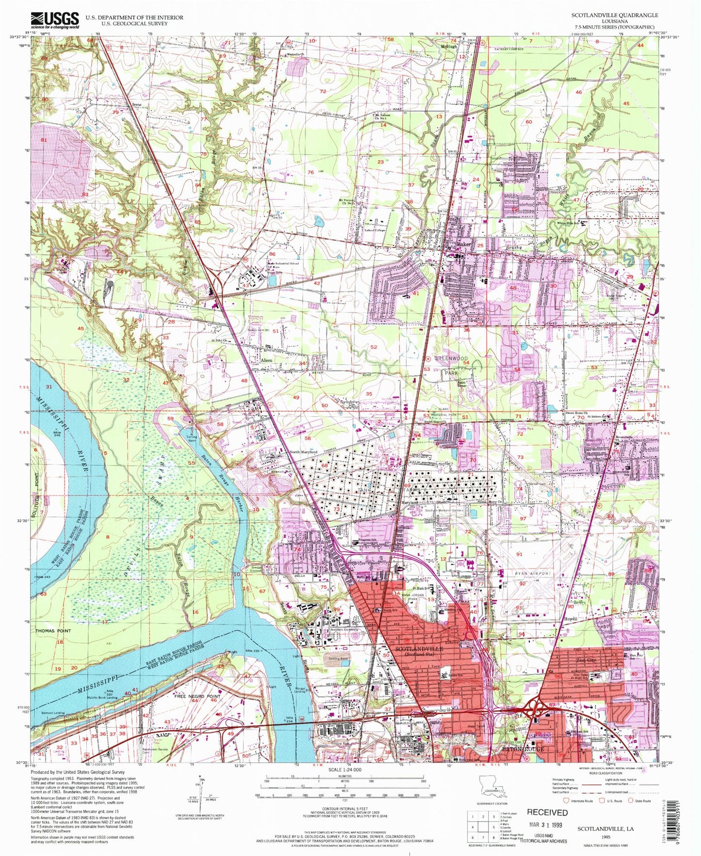 Classic USGS Scotlandville Louisiana 7.5'x7.5' Topo Map Image
