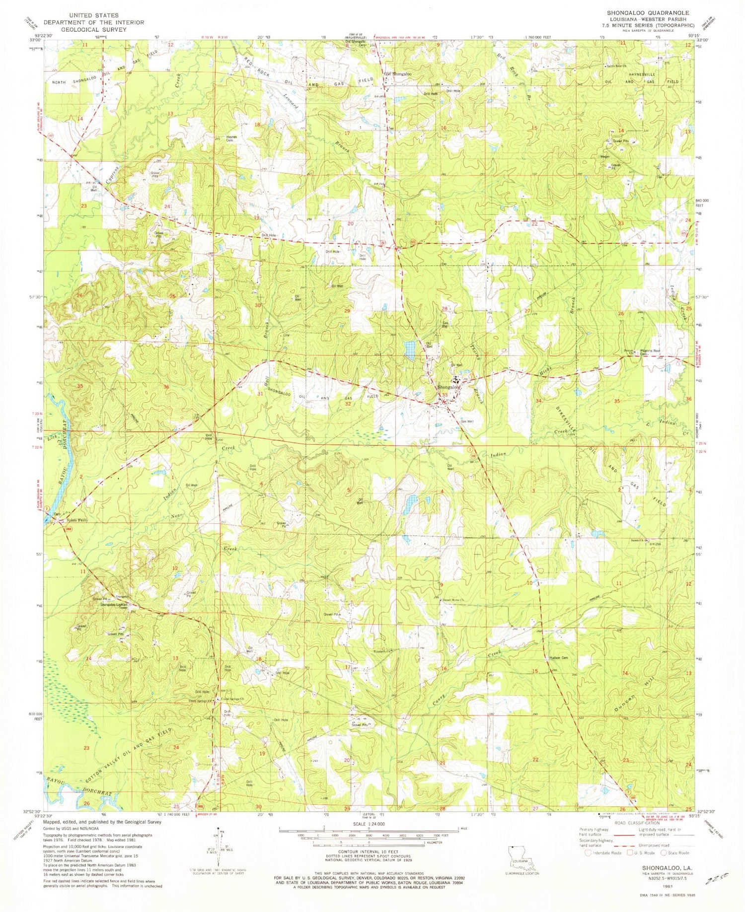 Classic USGS Shongaloo Louisiana 7.5'x7.5' Topo Map Image