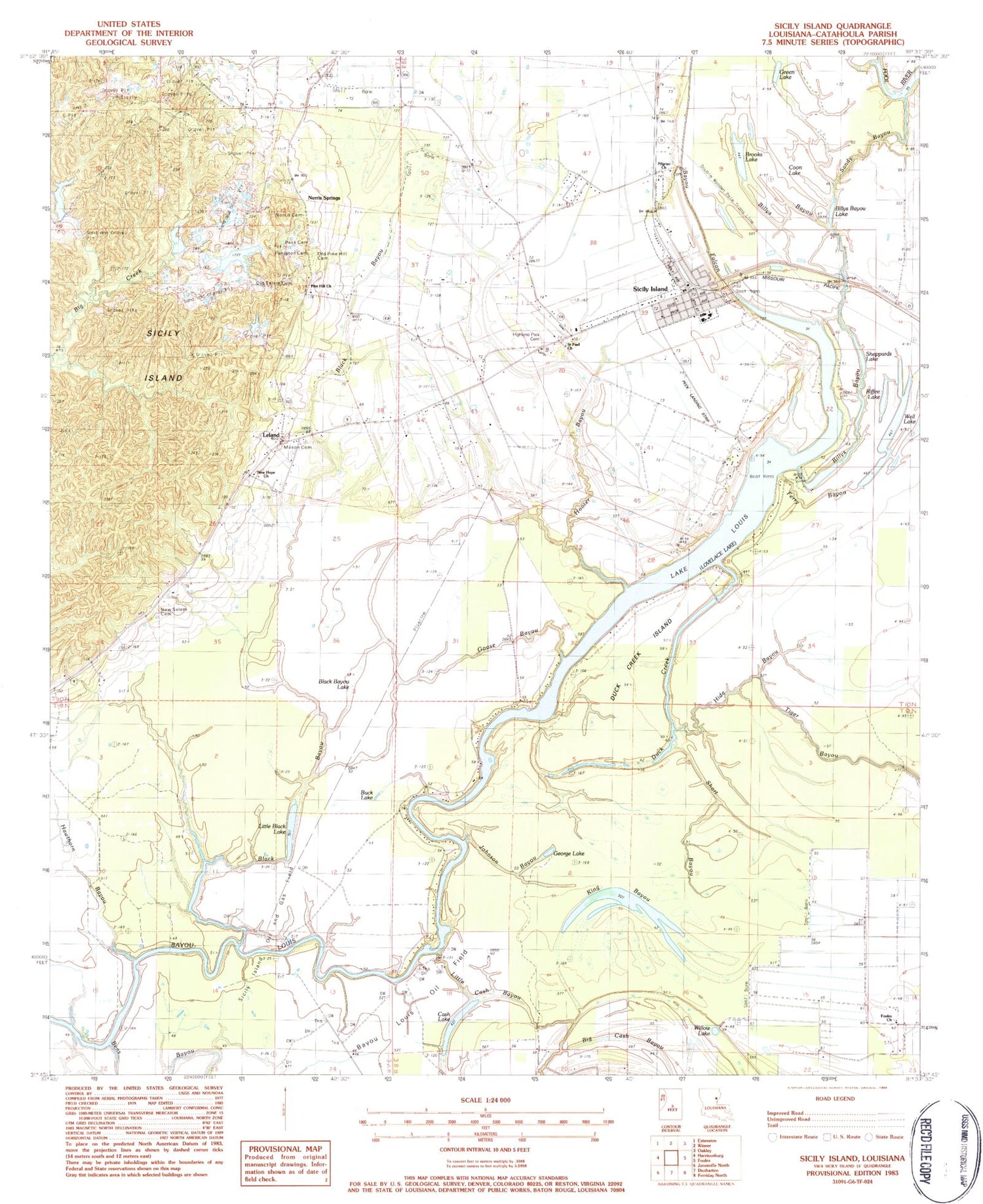 Classic USGS Sicily Island Louisiana 7.5'x7.5' Topo Map Image