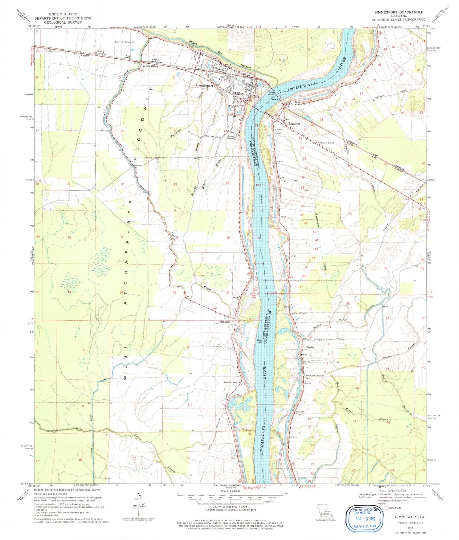 Classic USGS Simmesport Louisiana 7.5'x7.5' Topo Map Image