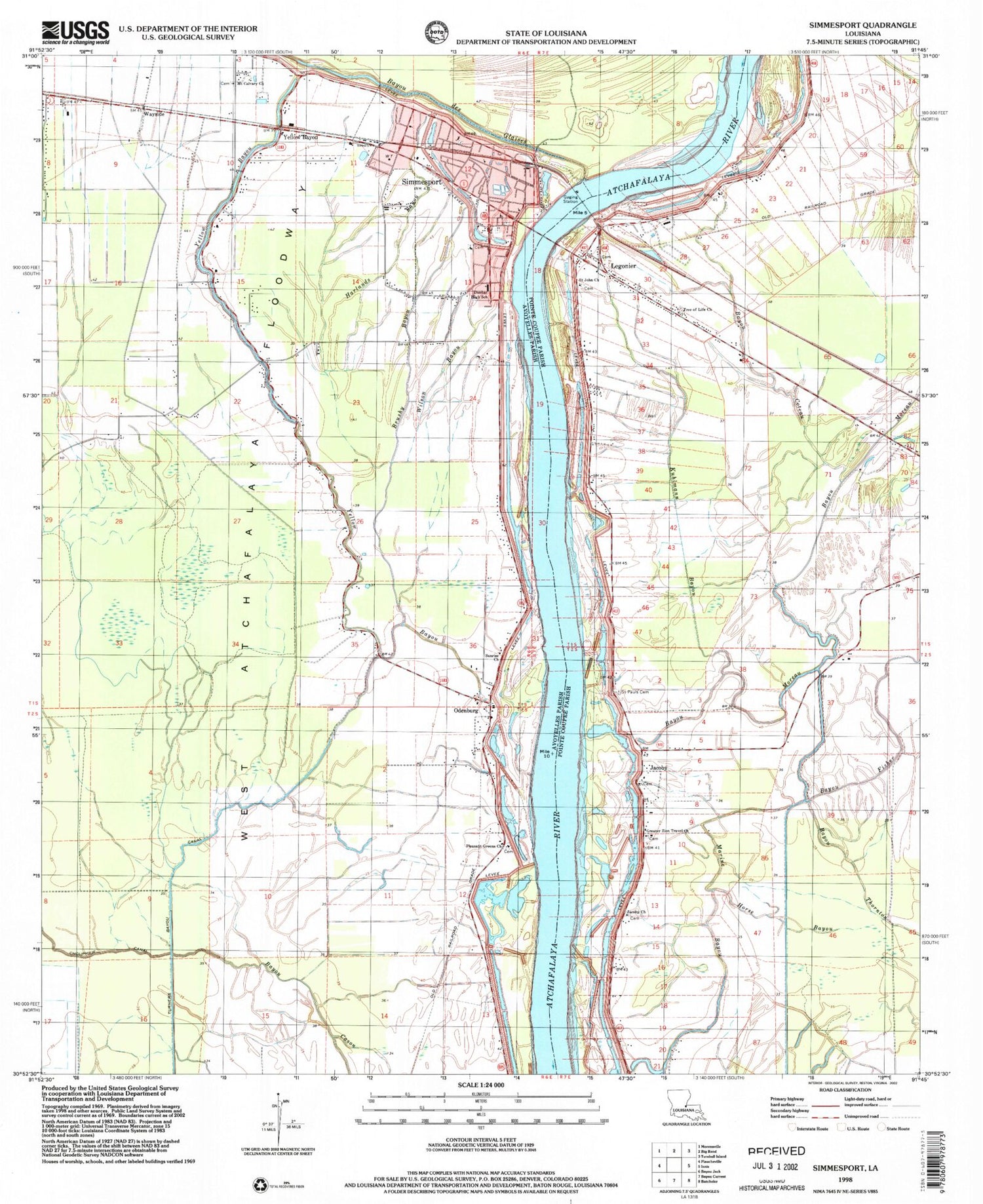 Classic USGS Simmesport Louisiana 7.5'x7.5' Topo Map Image