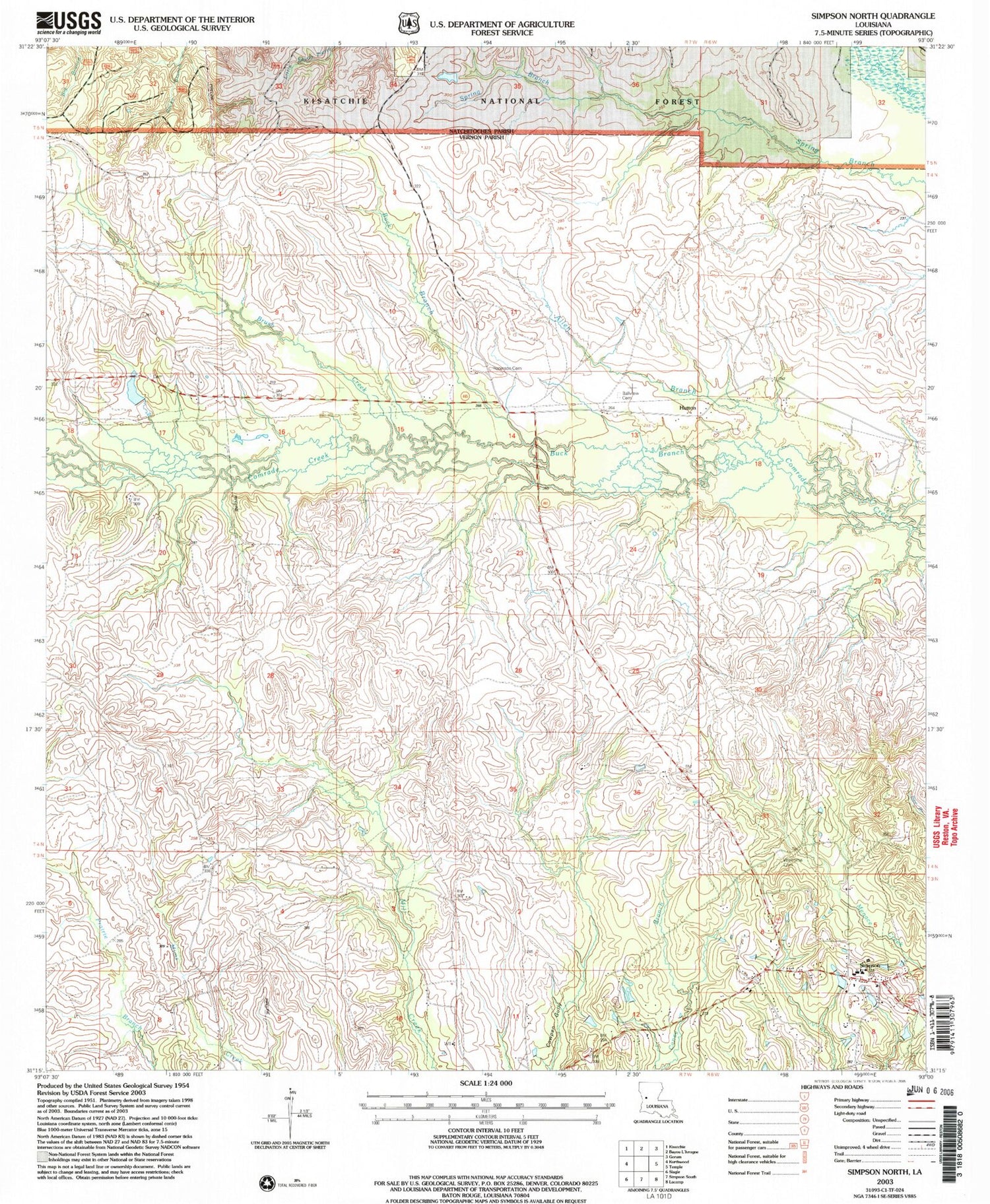 Classic USGS Simpson North Louisiana 7.5'x7.5' Topo Map Image
