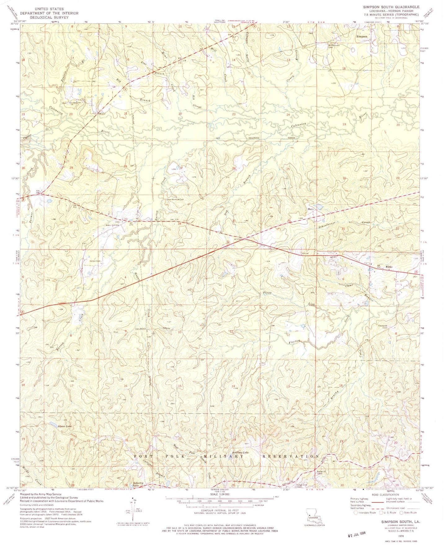 Classic USGS Simpson South Louisiana 7.5'x7.5' Topo Map Image