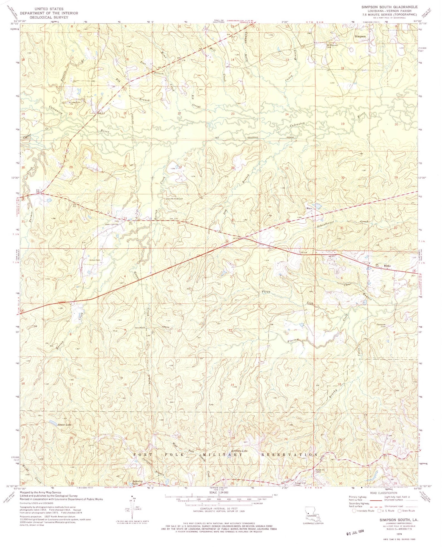 Classic USGS Simpson South Louisiana 7.5'x7.5' Topo Map Image