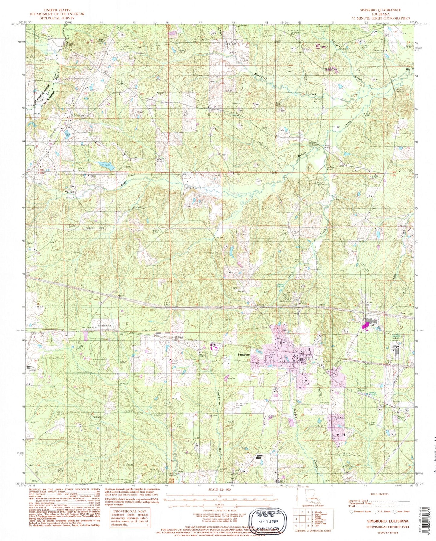 Classic USGS Simsboro Louisiana 7.5'x7.5' Topo Map Image