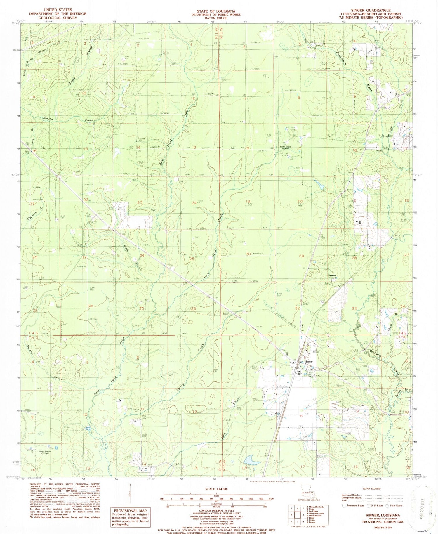 Classic USGS Singer Louisiana 7.5'x7.5' Topo Map Image