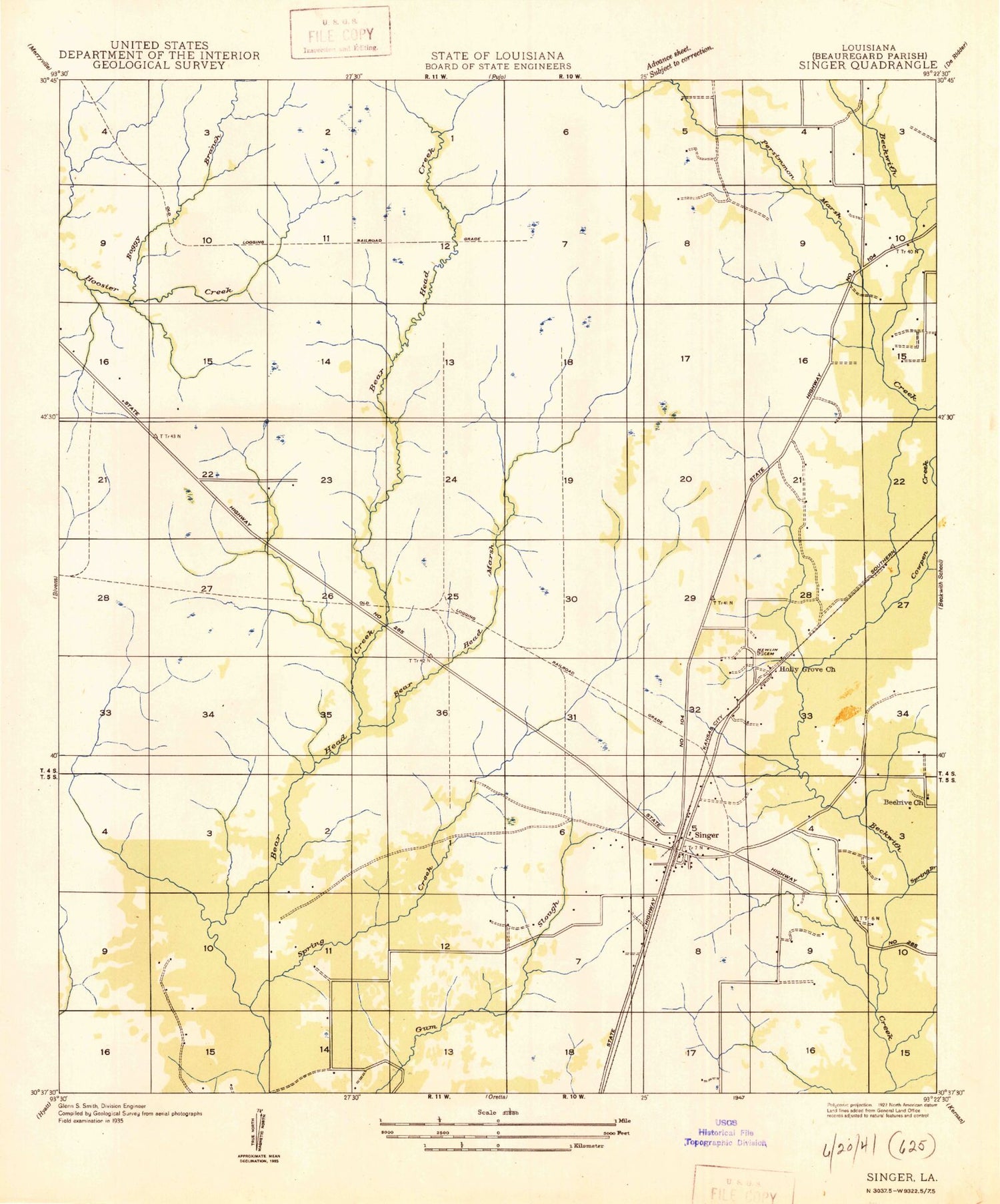 Classic USGS Singer Louisiana 7.5'x7.5' Topo Map Image
