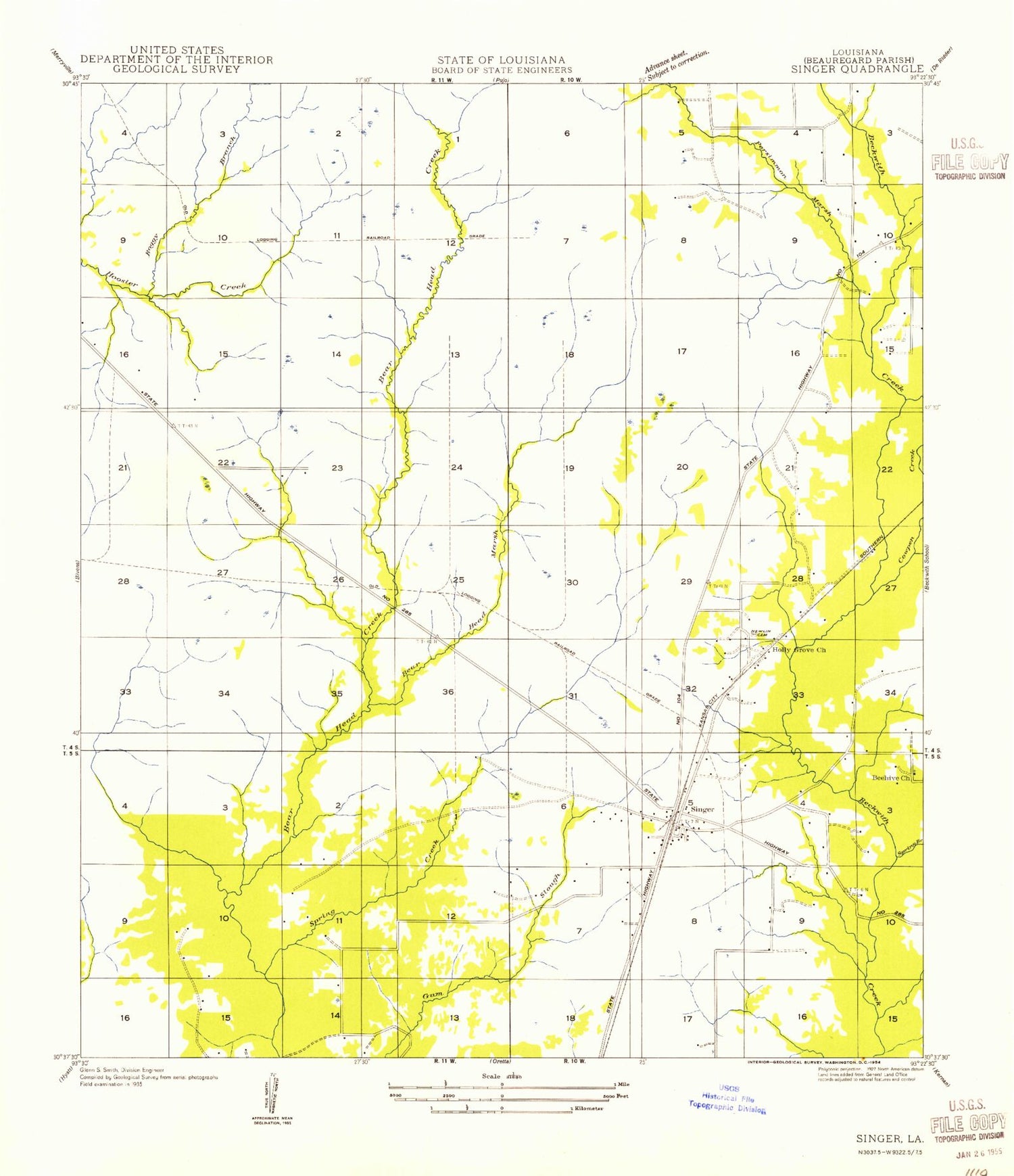 Classic USGS Singer Louisiana 7.5'x7.5' Topo Map Image