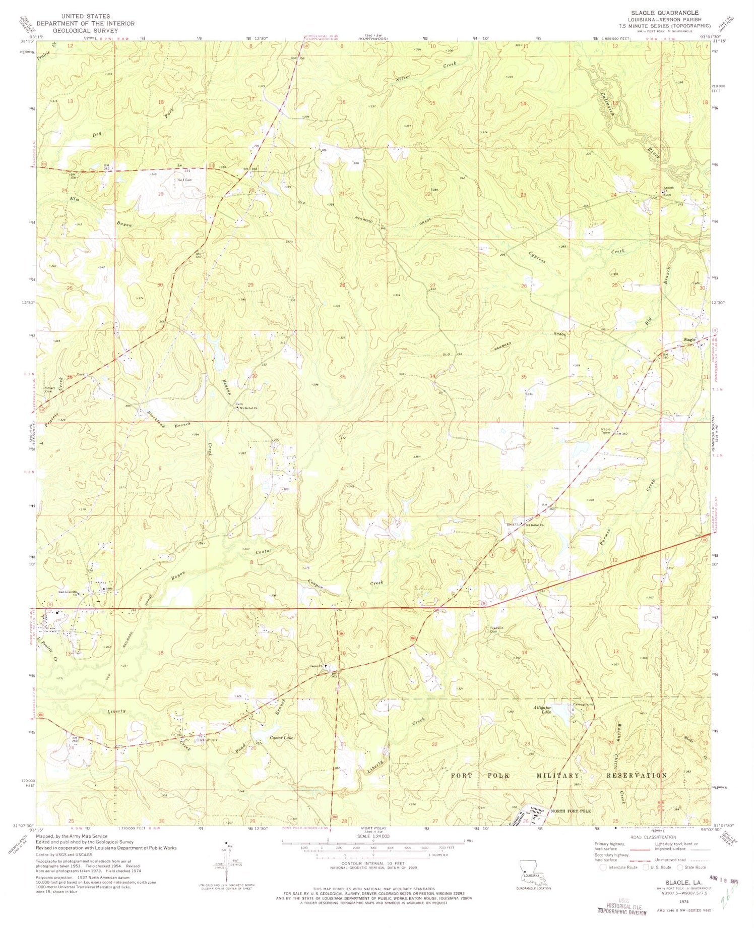 Classic USGS Slagle Louisiana 7.5'x7.5' Topo Map Image
