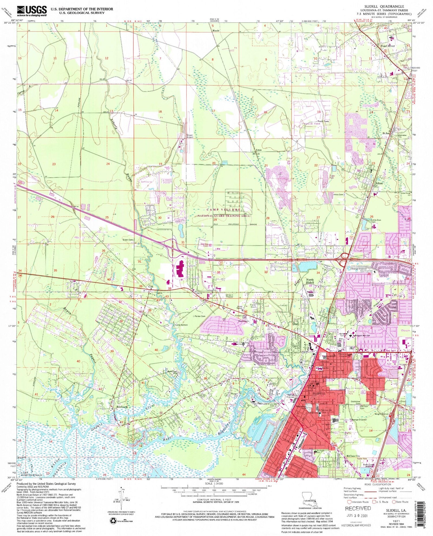 Classic USGS Slidell Louisiana 7.5'x7.5' Topo Map Image