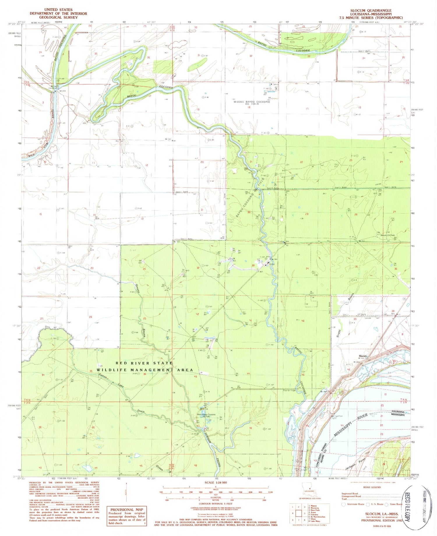 Classic USGS Slocum Louisiana 7.5'x7.5' Topo Map Image