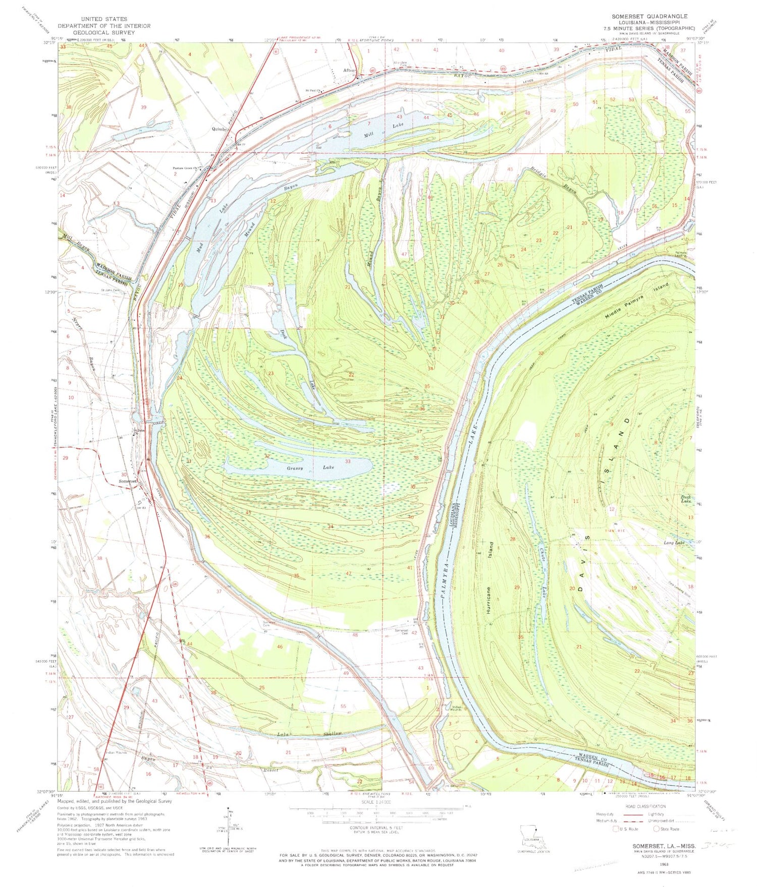Classic USGS Somerset Louisiana 7.5'x7.5' Topo Map Image