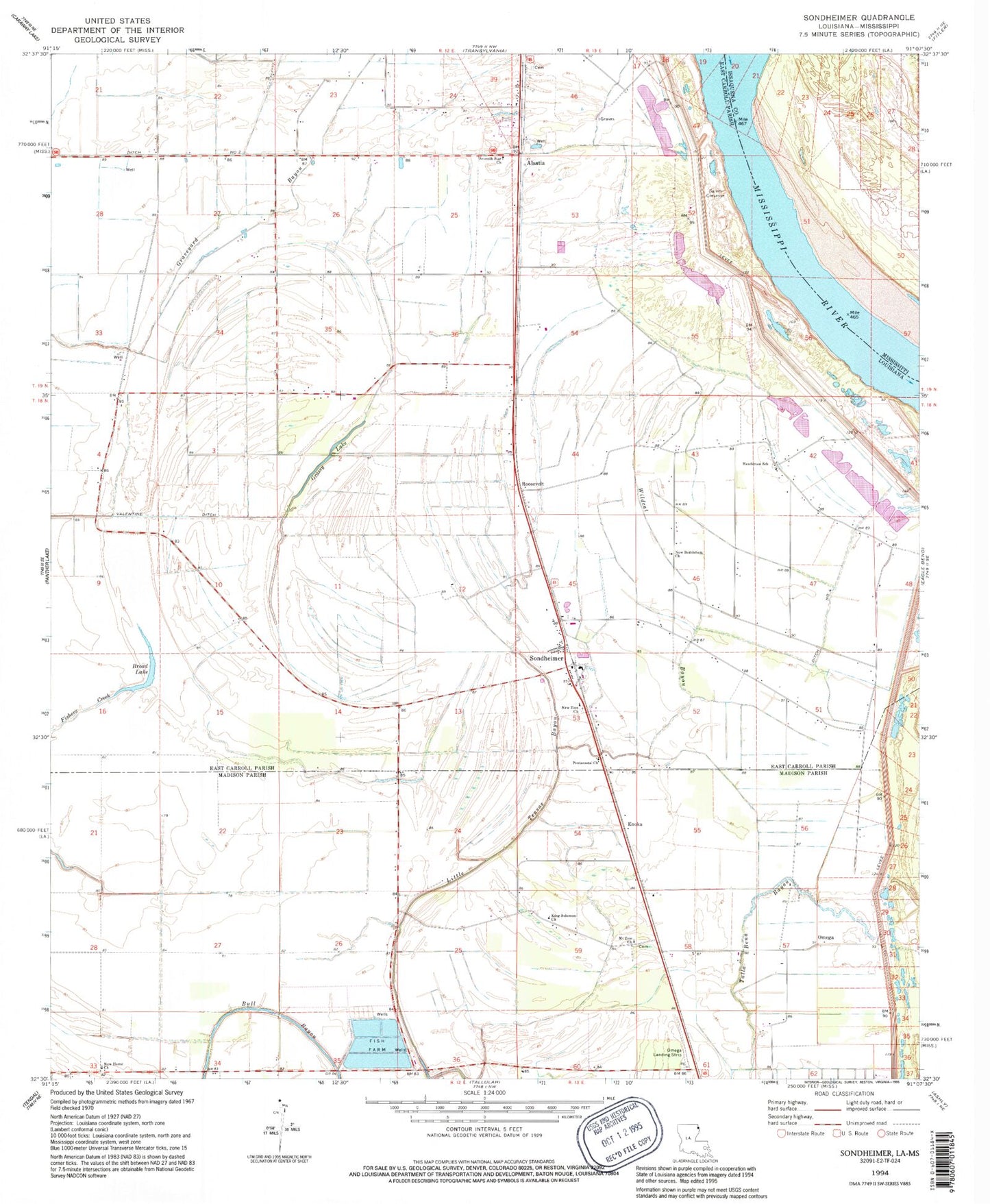 Classic USGS Sondheimer Louisiana 7.5'x7.5' Topo Map Image