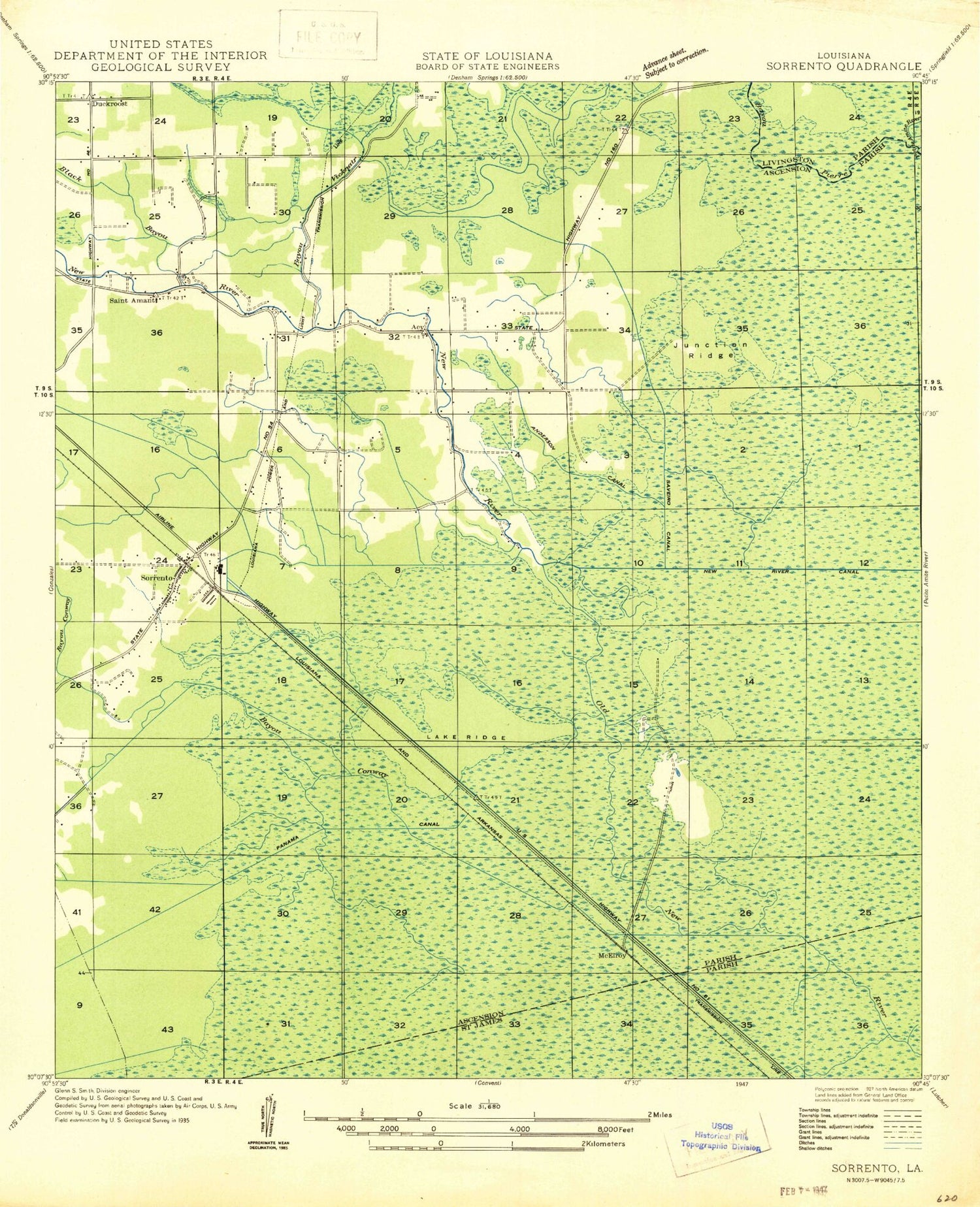 Classic USGS Sorrento Louisiana 7.5'x7.5' Topo Map Image