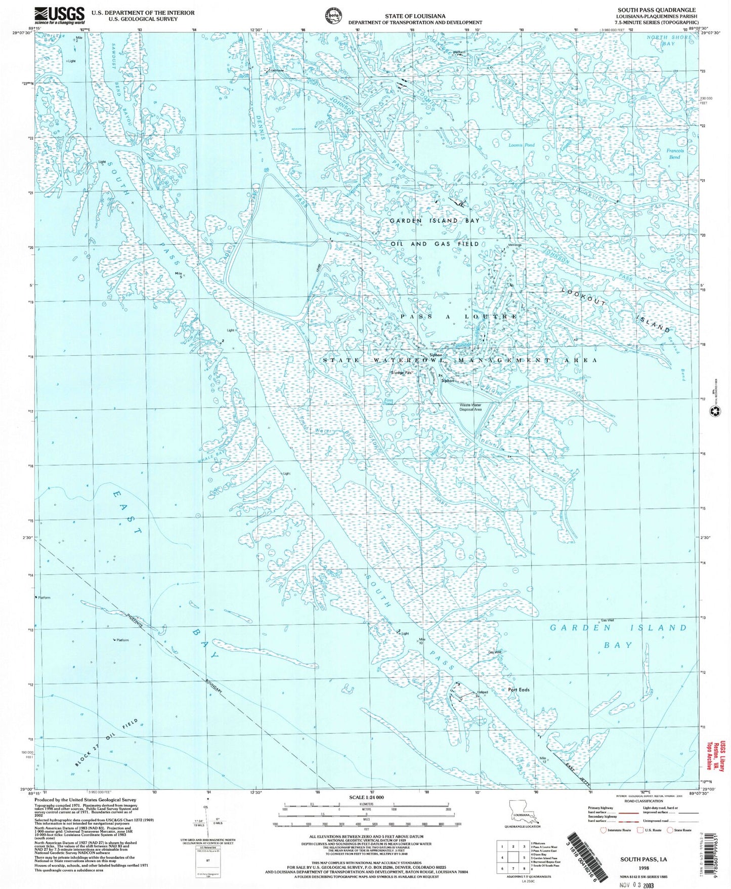 Classic USGS South Pass Louisiana 7.5'x7.5' Topo Map Image