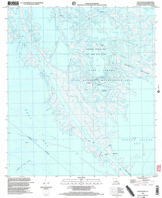 Classic USGS South Pass Louisiana 7.5'x7.5' Topo Map Image