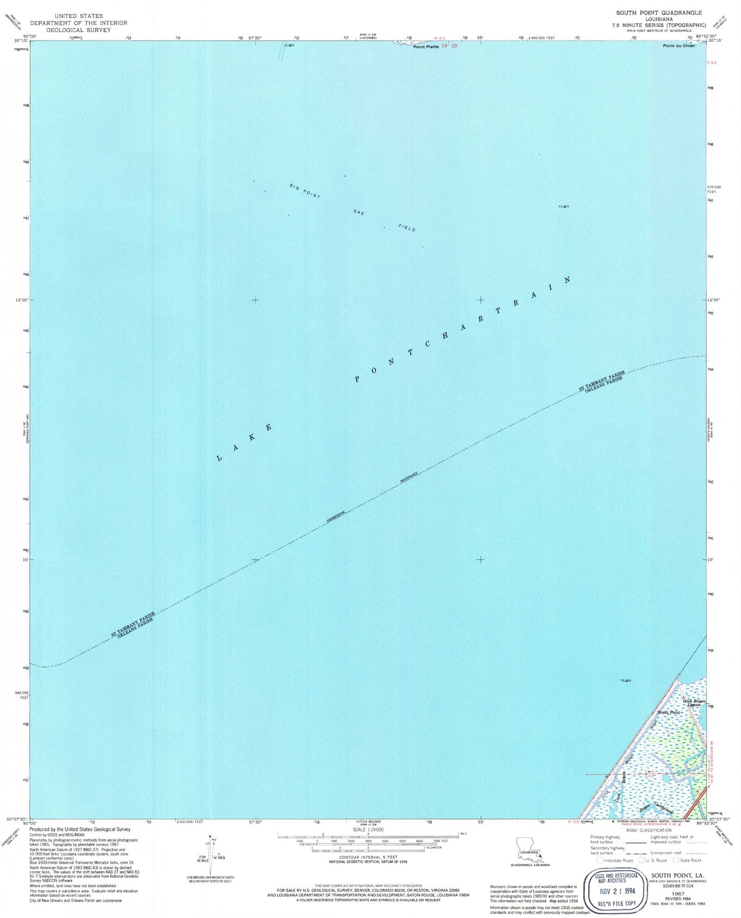 Classic USGS South Point Louisiana 7.5'x7.5' Topo Map Image