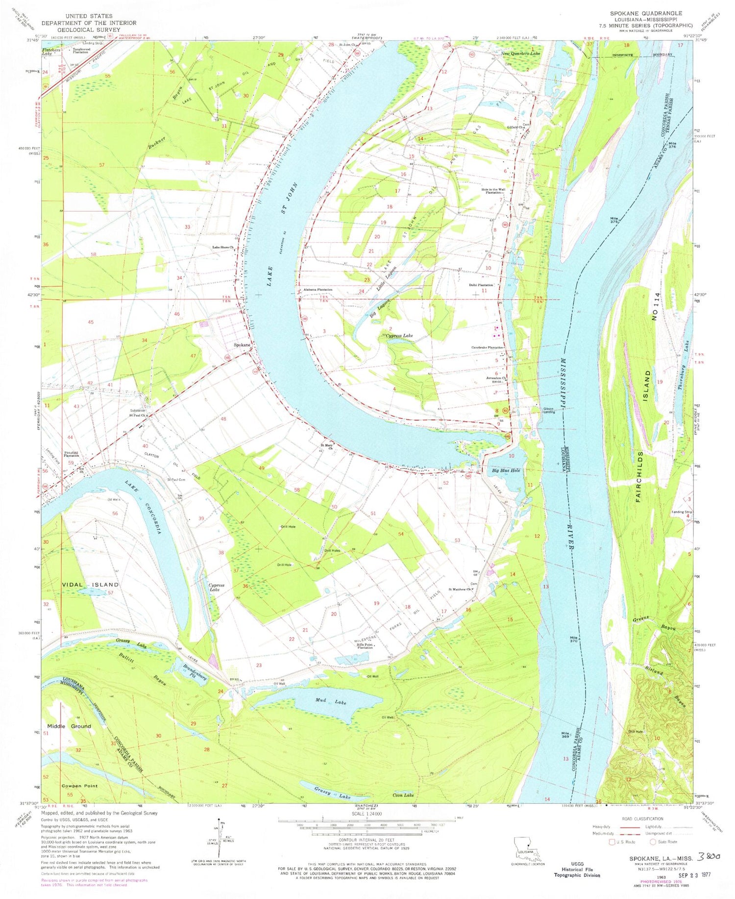 Classic USGS Spokane Louisiana 7.5'x7.5' Topo Map Image