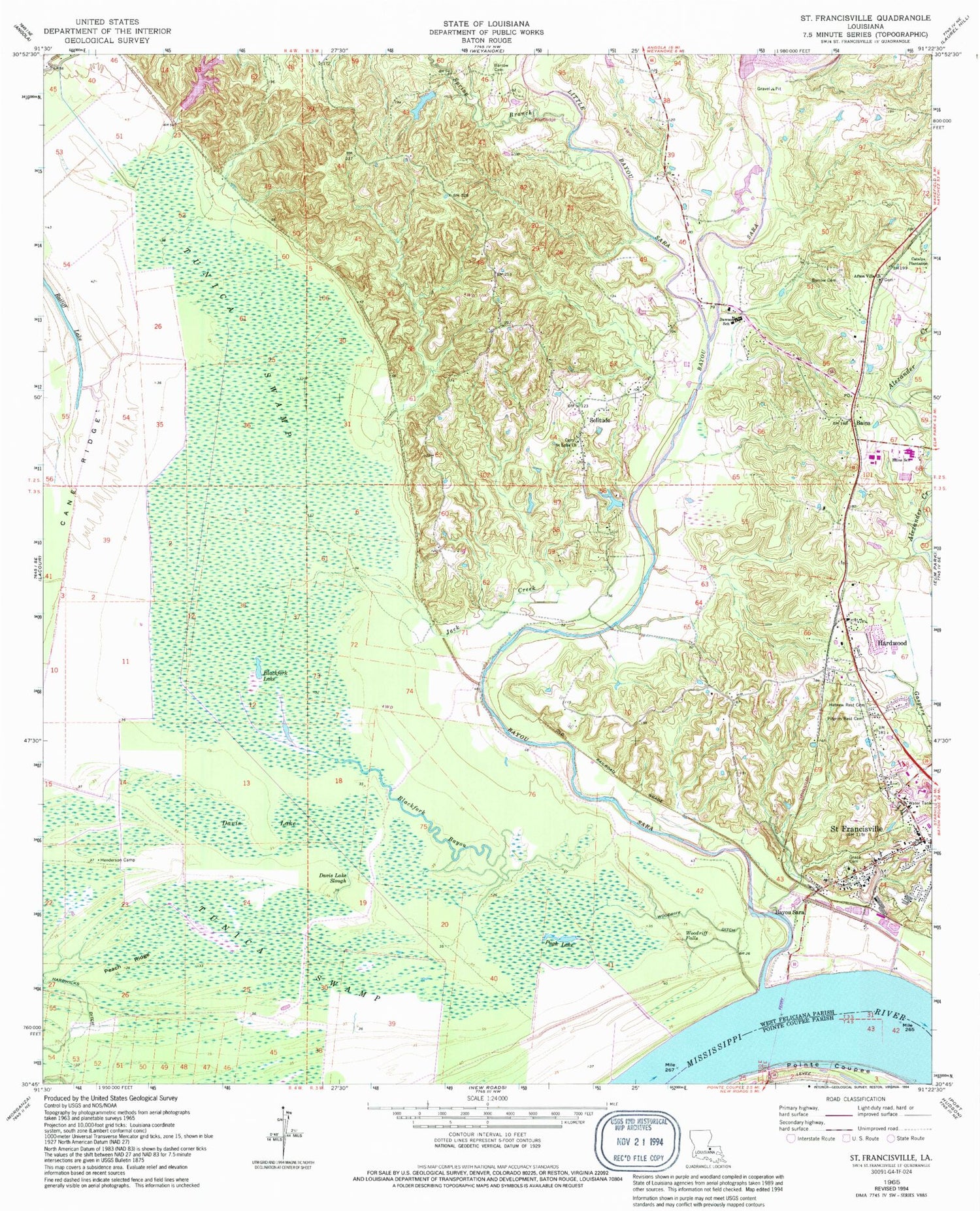 Classic USGS Saint Francisville Louisiana 7.5'x7.5' Topo Map Image