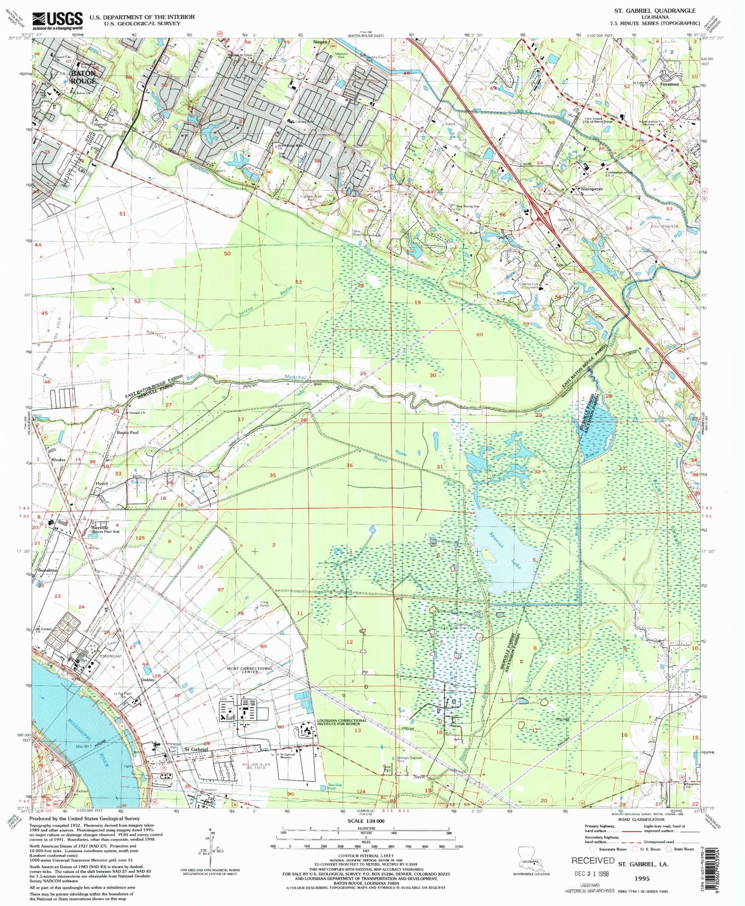 Classic USGS Saint Gabriel Louisiana 7.5'x7.5' Topo Map Image