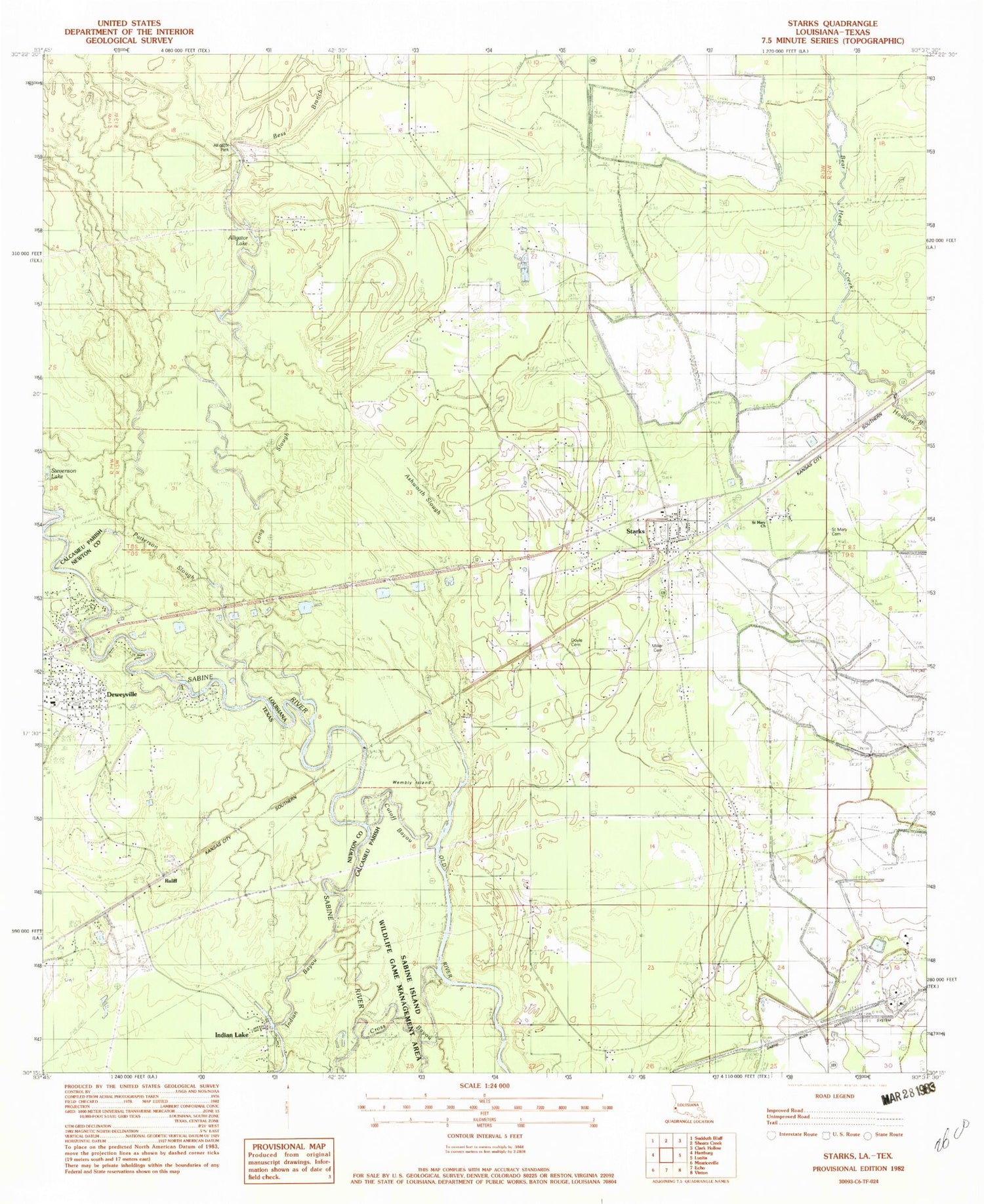 Classic USGS Starks Louisiana 7.5'x7.5' Topo Map Image