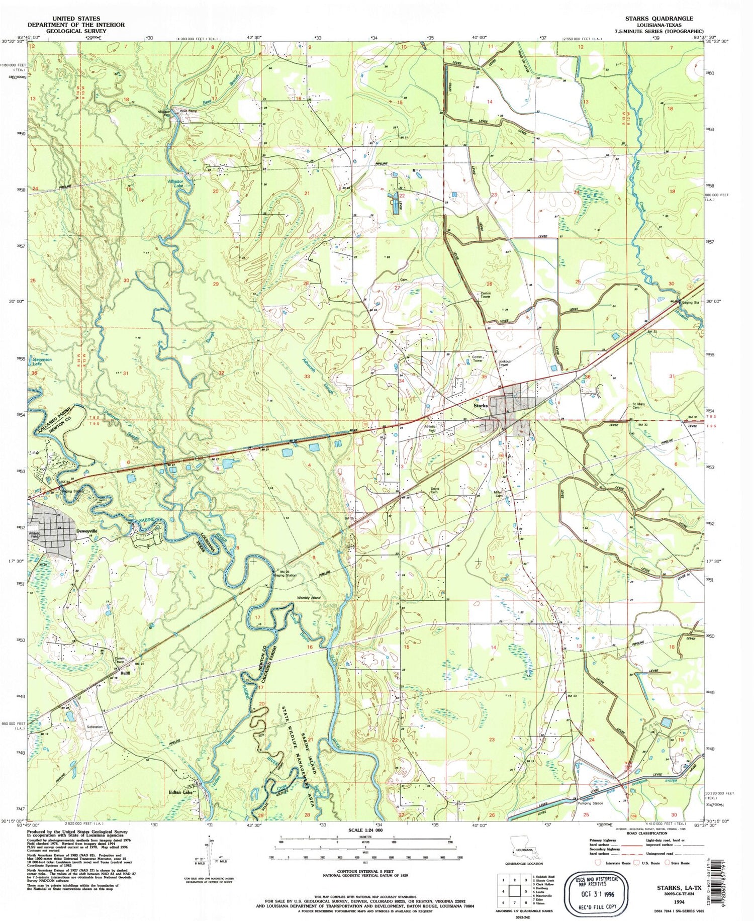 Classic USGS Starks Louisiana 7.5'x7.5' Topo Map Image