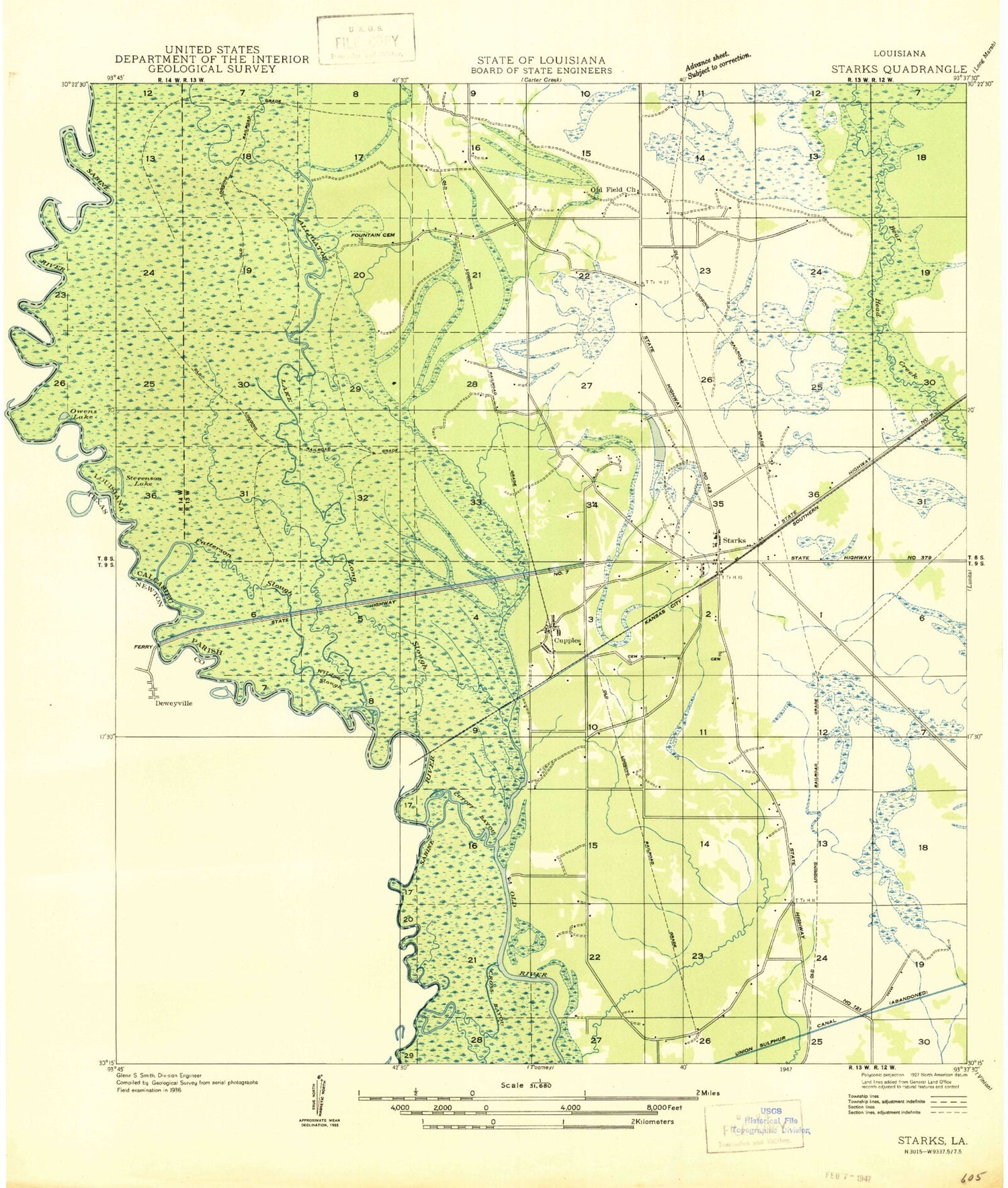 Classic USGS Starks Louisiana 7.5'x7.5' Topo Map Image