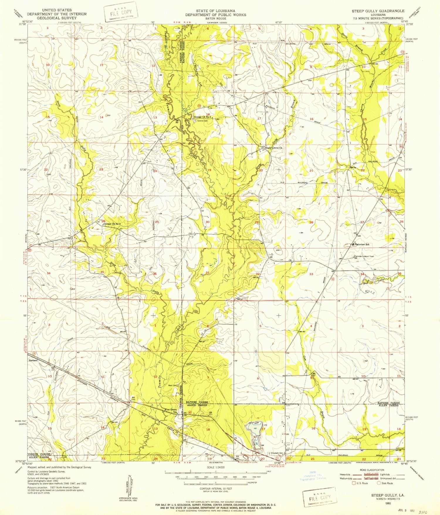 Classic USGS Steep Gully Louisiana 7.5'x7.5' Topo Map Image