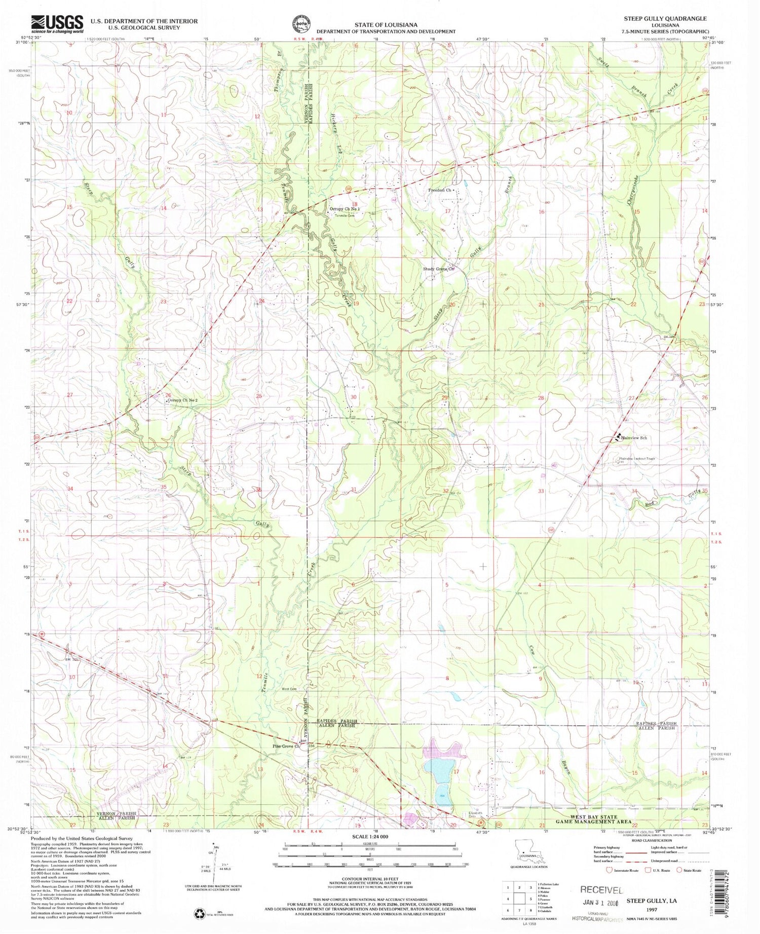 Classic USGS Steep Gully Louisiana 7.5'x7.5' Topo Map Image