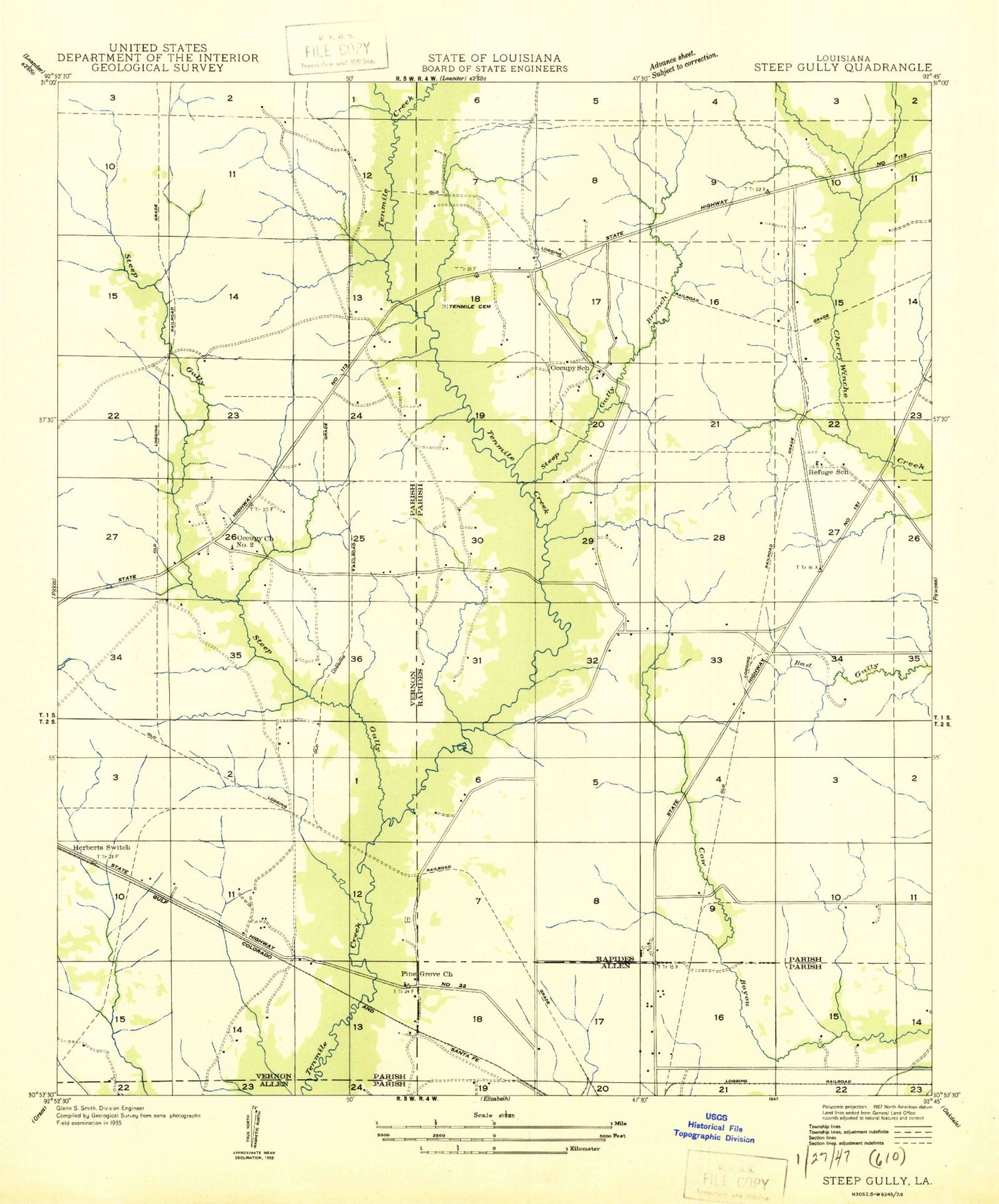 Classic USGS Steep Gully Louisiana 7.5'x7.5' Topo Map Image