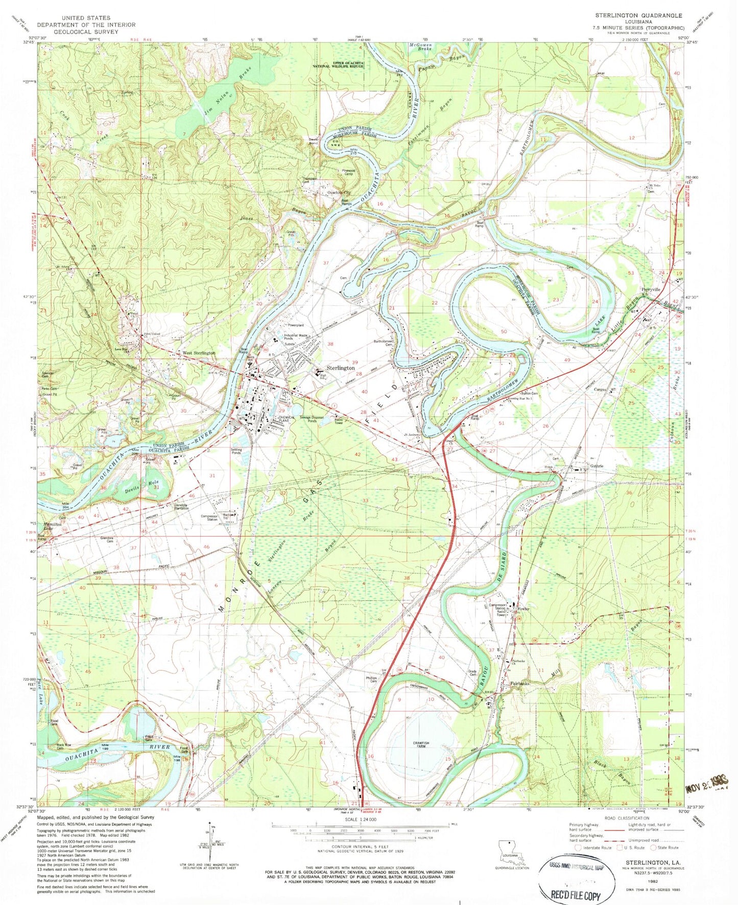 Classic USGS Sterlington Louisiana 7.5'x7.5' Topo Map Image