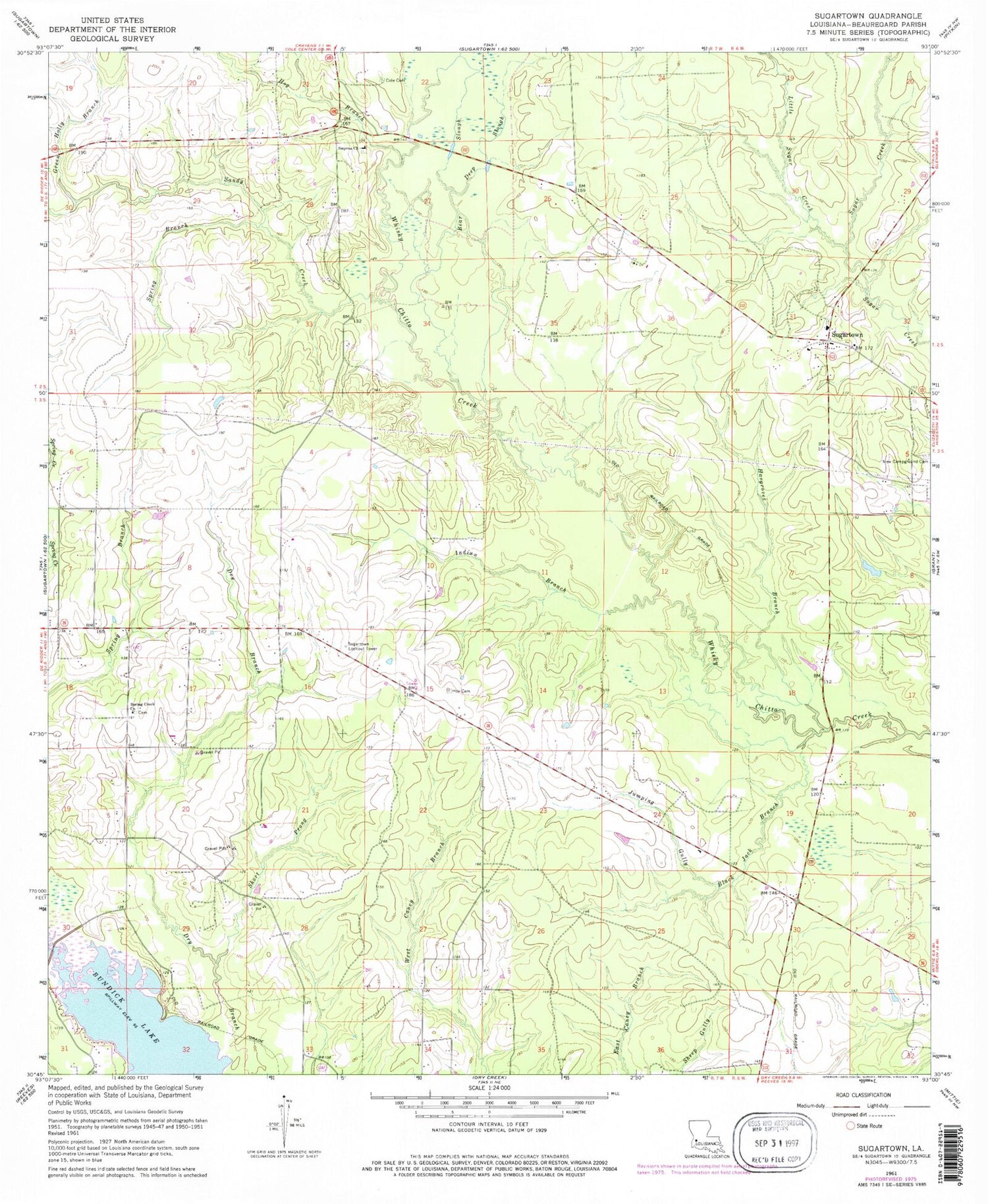 Classic USGS Sugartown Louisiana 7.5'x7.5' Topo Map Image