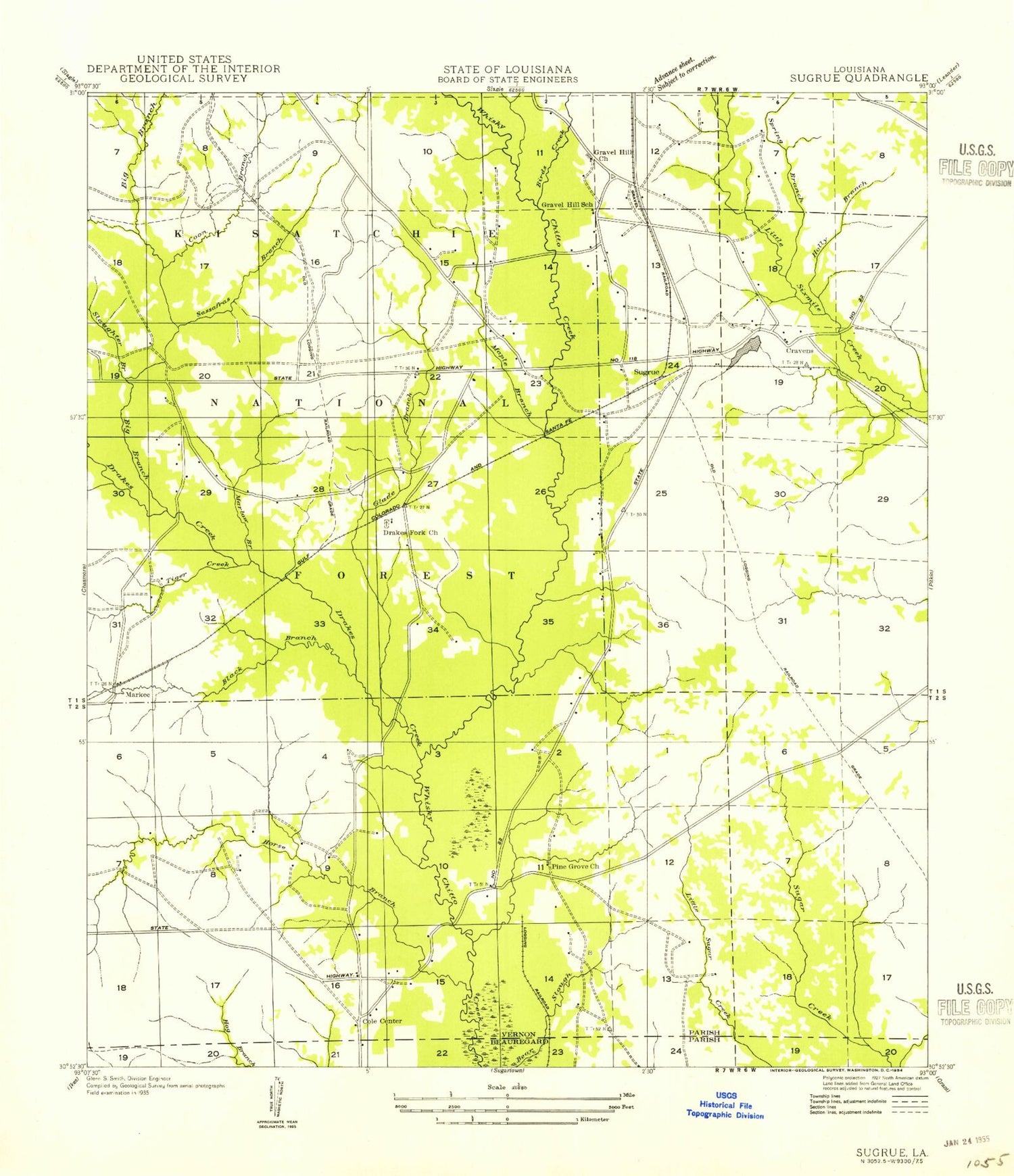 Classic USGS Sugrue Louisiana 7.5'x7.5' Topo Map Image