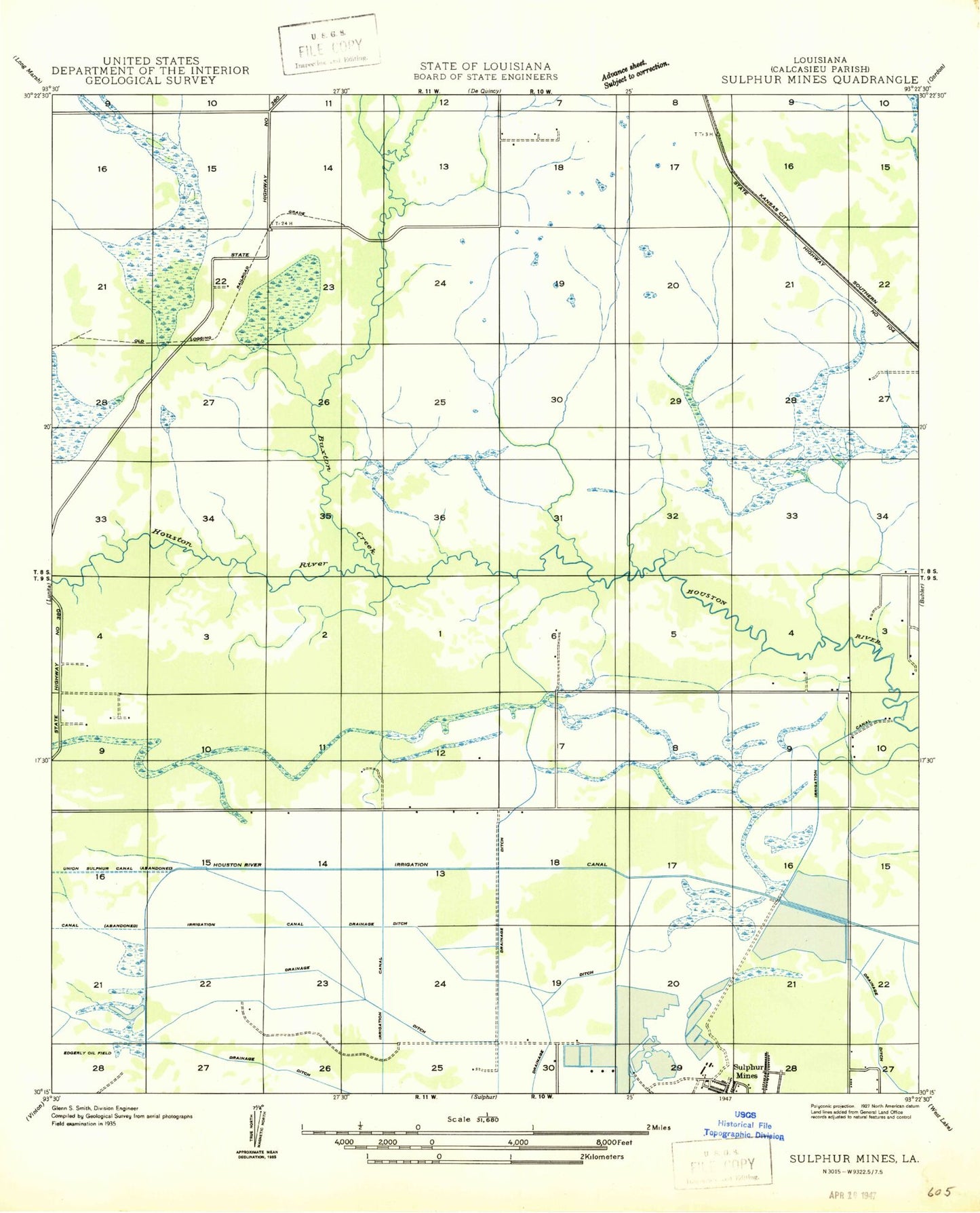 Classic USGS Brimstone Louisiana 7.5'x7.5' Topo Map Image