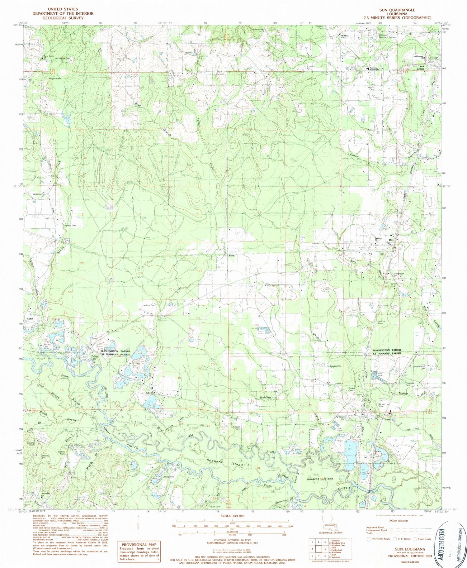 Classic USGS Sun Louisiana 7.5'x7.5' Topo Map Image