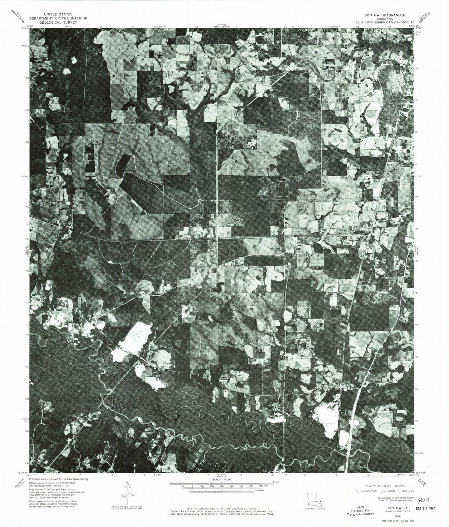 Classic USGS Sun Louisiana 7.5'x7.5' Topo Map Image