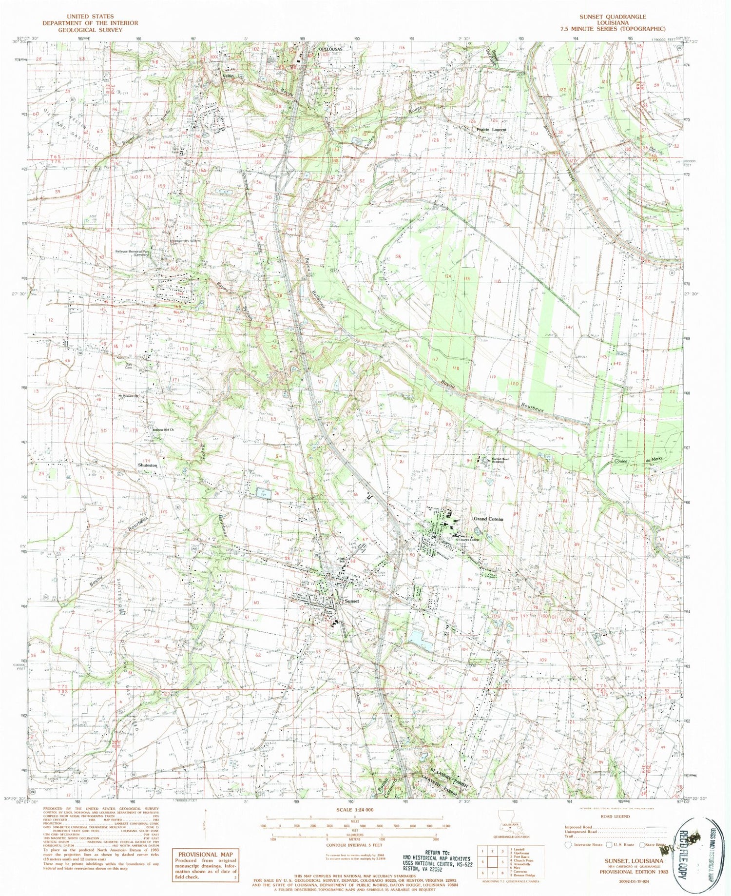 Classic USGS Sunset Louisiana 7.5'x7.5' Topo Map Image