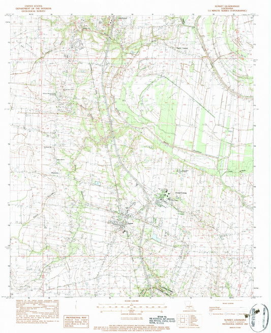 Classic USGS Sunset Louisiana 7.5'x7.5' Topo Map Image